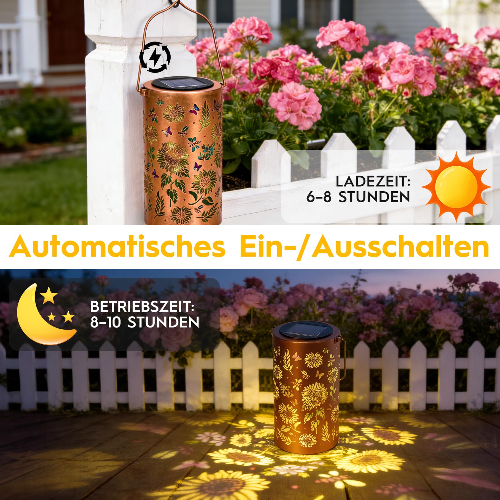 Solarlampen für Außen, Muttertag Geschenk für Frauen Mama Sonnenblume Solarlampen, Hängende Gartendeko Sonnenblumenlicht, IP44 Wasserdicht Metall LED Solarlampe, Balkon Terrasse Tisch Rasen Terrasse