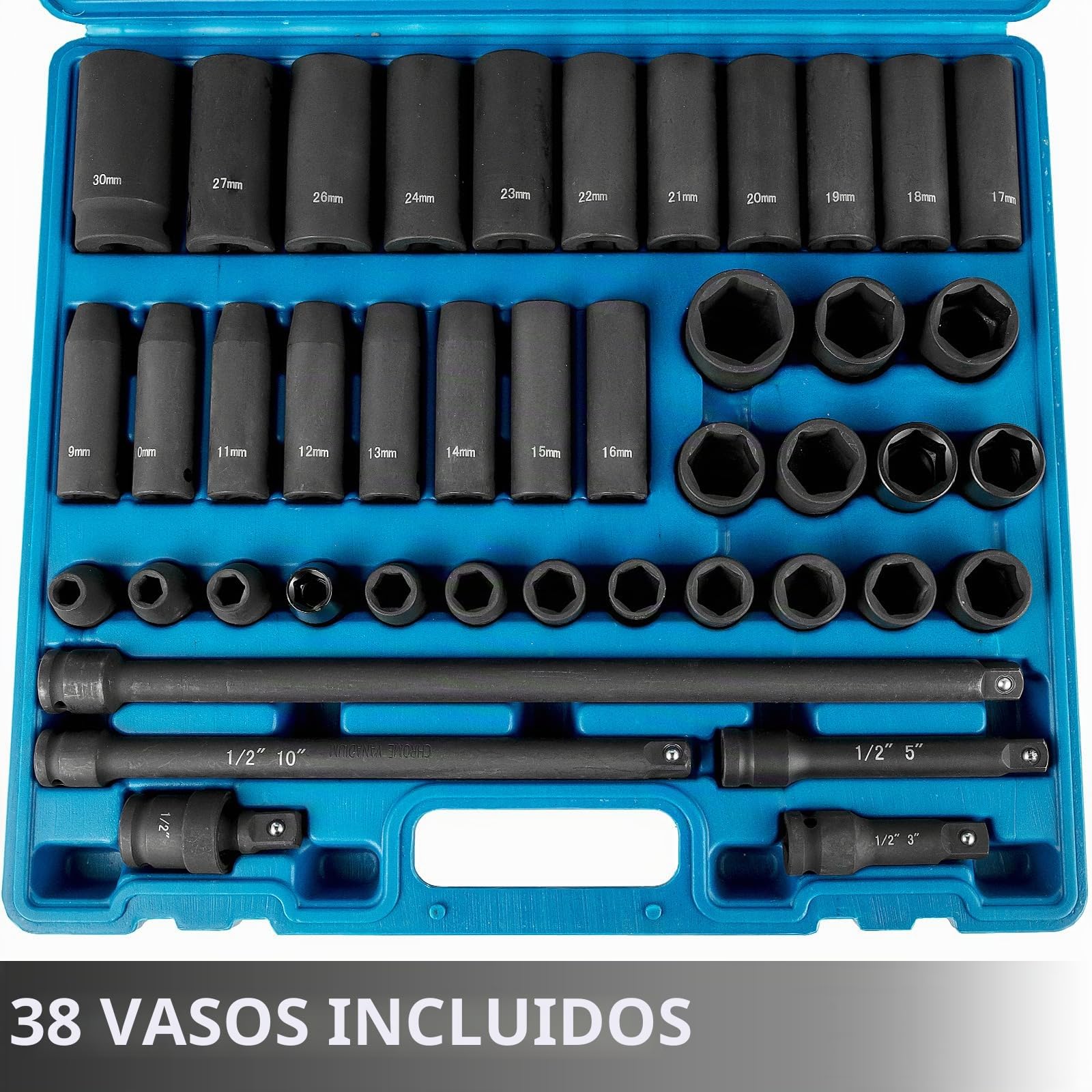 VEVOR Juego de llaves de impacto de 1/2 pulgada, 43 piezas, surtido de enchufes estándar, juego de llaves de vaso de 1/2 pulgada, 6 puntos métricos de 9-30 mm (estándar/profundo)