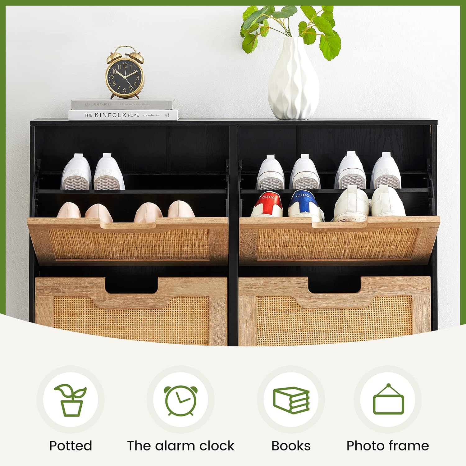 Amyove Natural Rattan 4 Flip Door Shoe Cabinet Organizer Freestanding Wooden Shoe Rack Storage Cabinet with 3-Tier Adjustable Shelves for Heels, Boots, Slippers, Free Standing Shoe Rack
