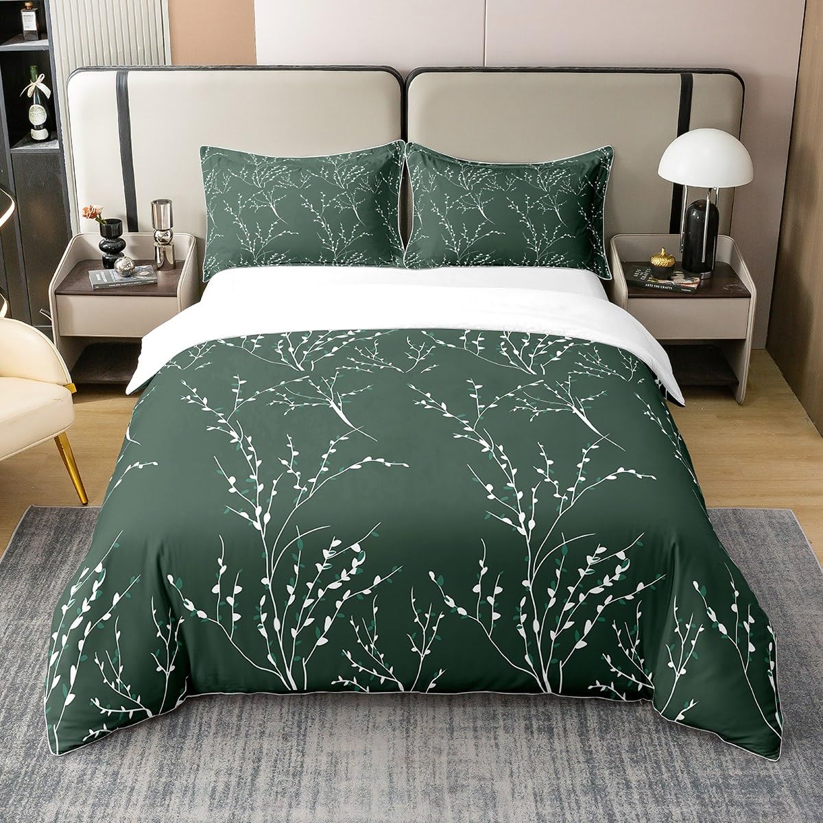 Emerald Green Branches Bedding Duvet Cover 100% Cotton Set Reversible Flower Plum Blossom Bedding Set 100% Cotton Decor Leaf Comforter Cover Set Bedspread Cover Bedroom Bedclothes Single