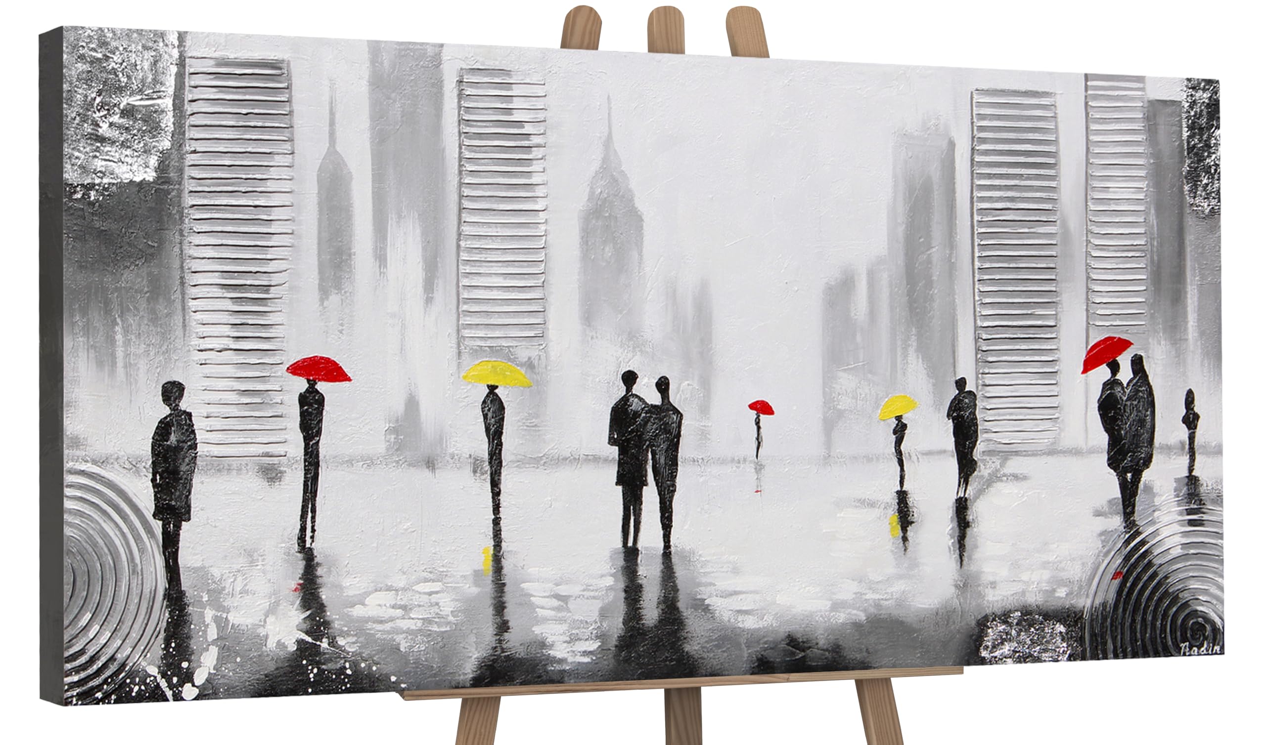YS-Art Original Handmade Painting on Canvas – Cityscape with People and Umbrellas in Black, White, Red, and Yellow, Acrylic Wall Art for Living Room & Office 40x20 inch