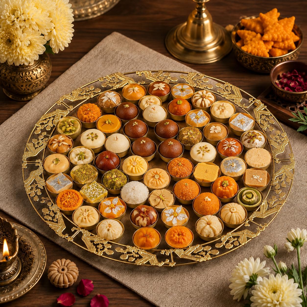 Brass Industry Round Shape Special 56 Bhog Thali Poojan/Pooja Traditional Thali Set for Home mandir Pooja thali Decorative .(Colour : Gold)-picture-16