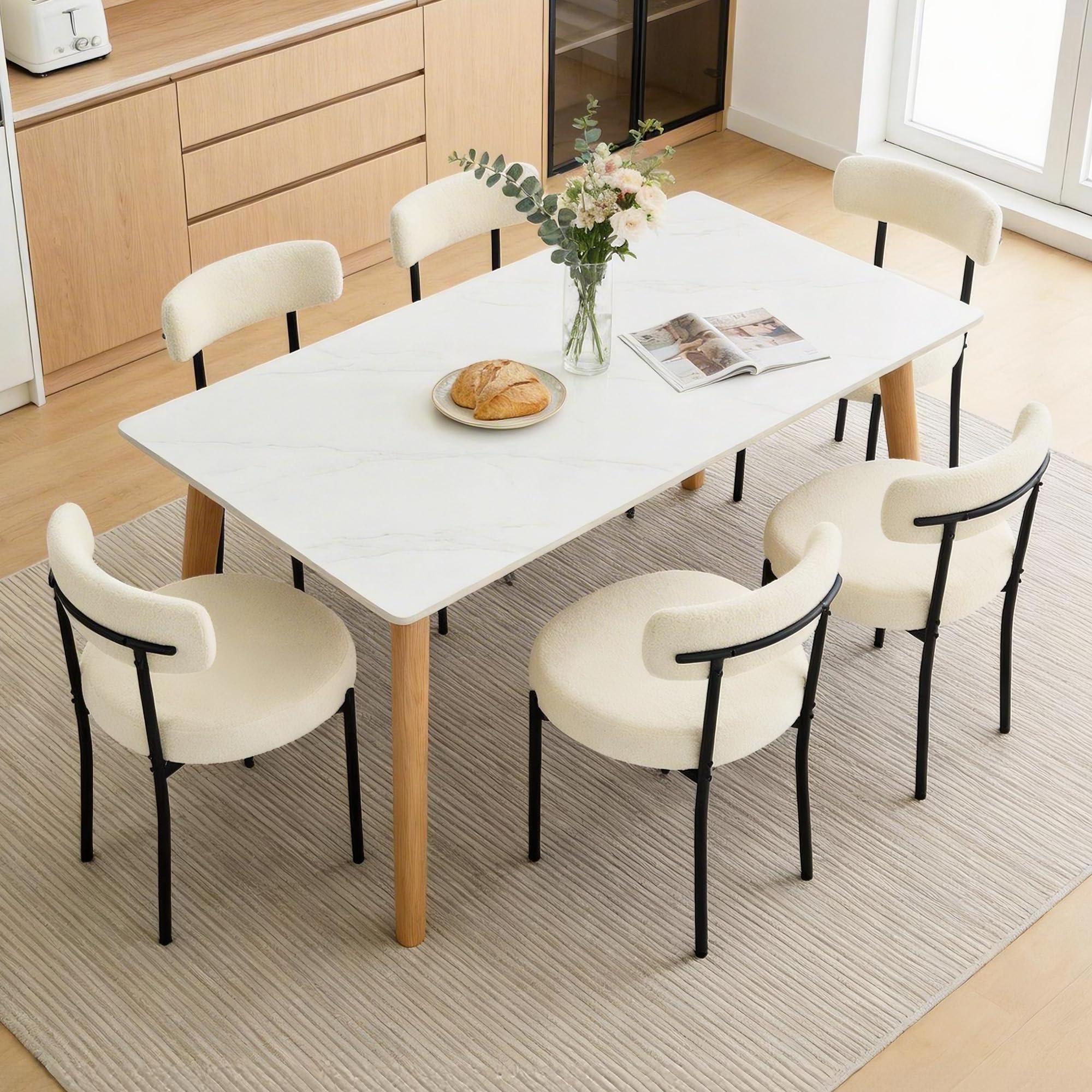 Mid-Century Modern Teddy Fleece Esszimmerstühle 4er Set mit gebogener Rückenlehne, Metallbeinen, Schminktisch-Stuhl, Gepolsterte Küchenstühle für Esszimmer, Restaurant, Weiß