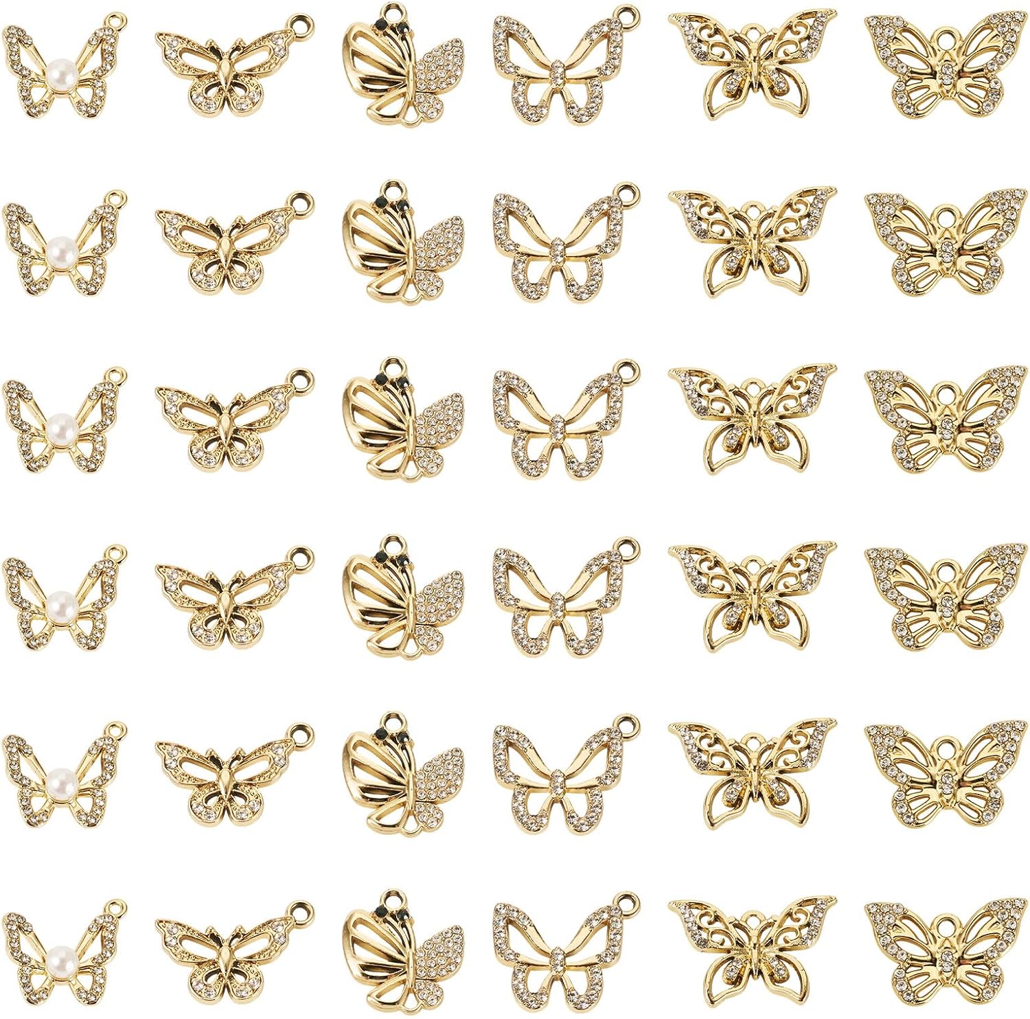 Cheriswelry 36Pcs Gold Plated Alloy Rhinestone Charms Butterfly Earring Pendants for 15-20.5mm 6 Style DIY Necklace Bracelet Jewelry Making