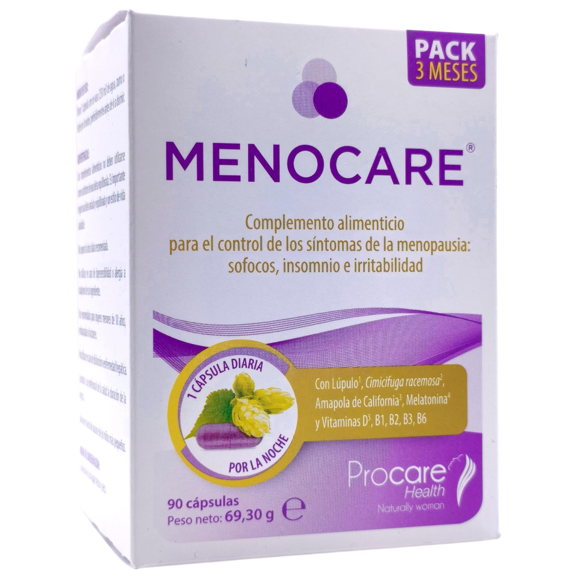 ProCare Health Menocare 90 Cápsulas - Suplemento Menopausia 3 Meses - Isoflavonas de Soja, Salvia y Cimicifuga - Alivio de Sofocos, Sudoración y Equilibrio Hormonal Femenino - Vitaminas B6, D3 y K2