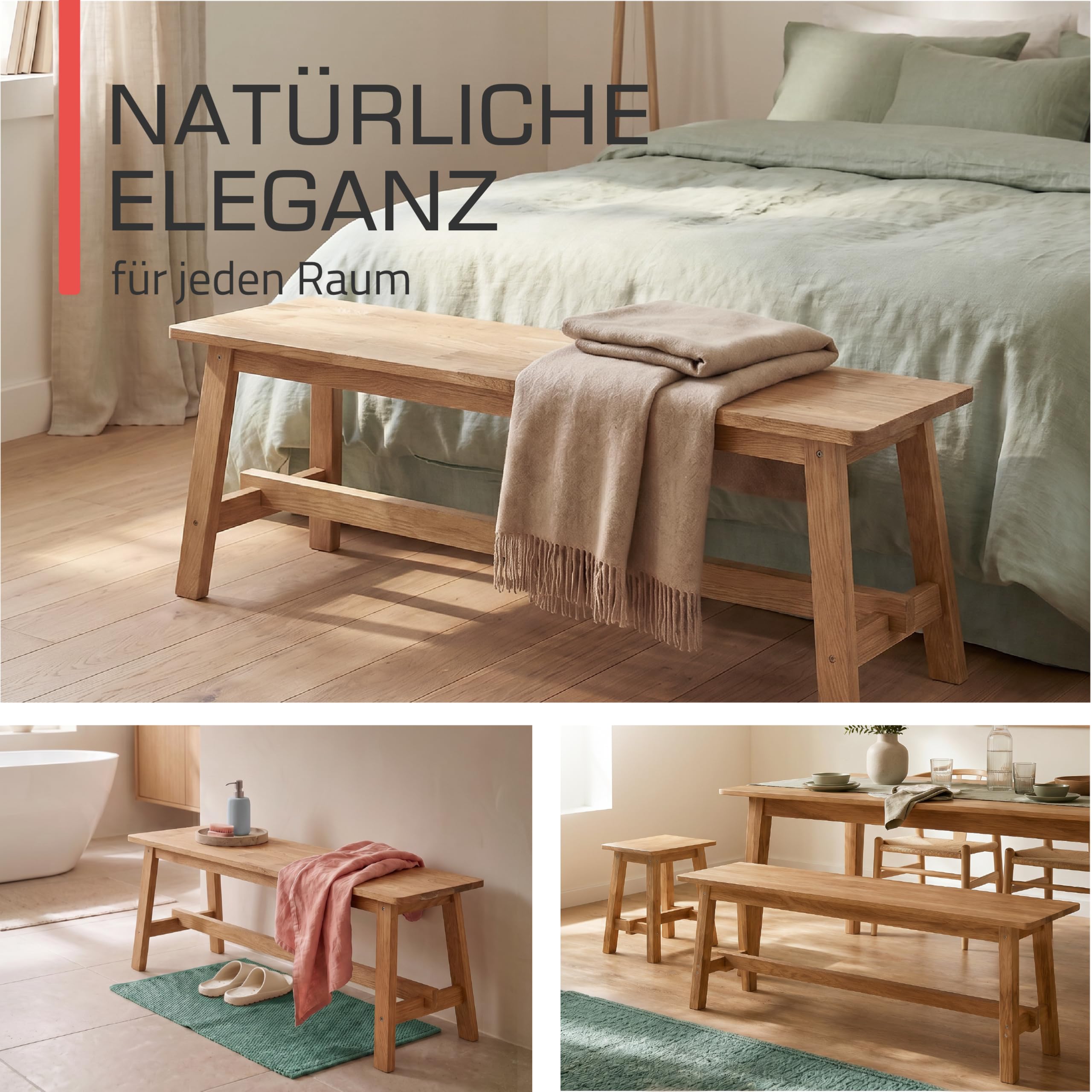 bomoe Holzbank FSC® Eichenholz Massiv Geölt Sitzbank bis 250 kg Flur Küche | 100x29x45cm 100cm lang Garderobenbank Flurbank Holz Esszimmer Badezimmer Bank Essbank Eichberg