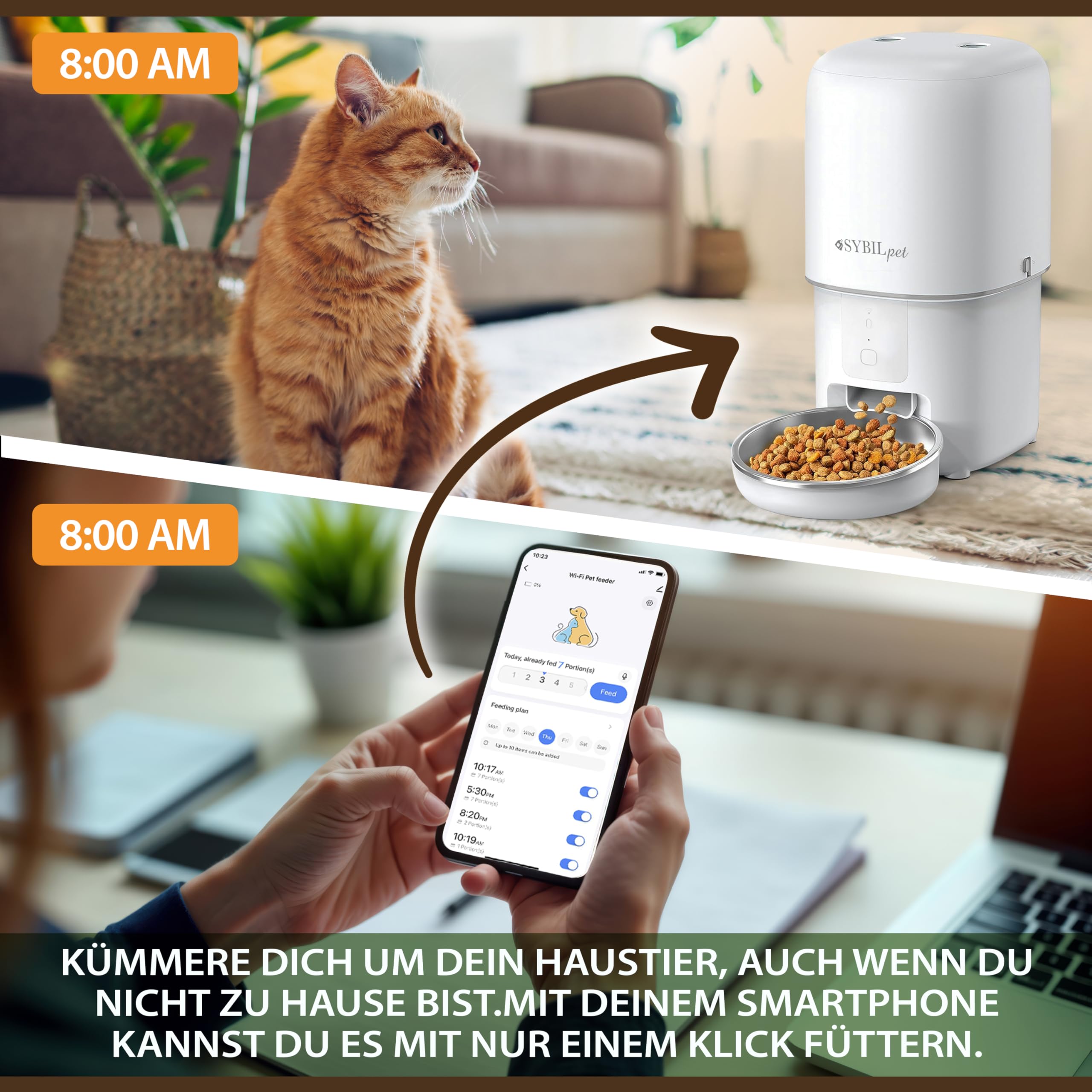 Futterautomat Katze 4L – Automatischer Katzen Futterspender mit App-Steuerung, Sprachnachricht, leiser Betrieb, Anti-Blockier-System, programmierbare Mahlzeiten, präzise Portionskontrolle
