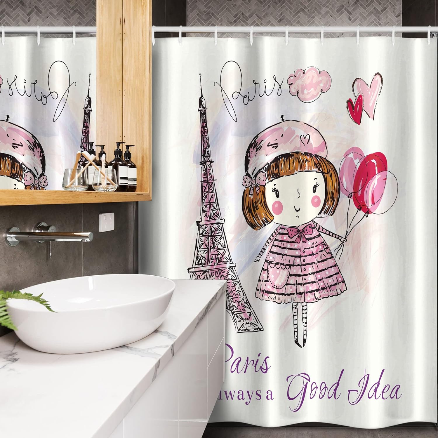Ambesonne Paris Stall Shower Curtain, Little Girl Holding Balloons Hearts a Cloud and Eiffel Tower Illustration, Fabric Bathroom Decor Set with Hooks, 54" W x 78" L, Pale Pink Purple White