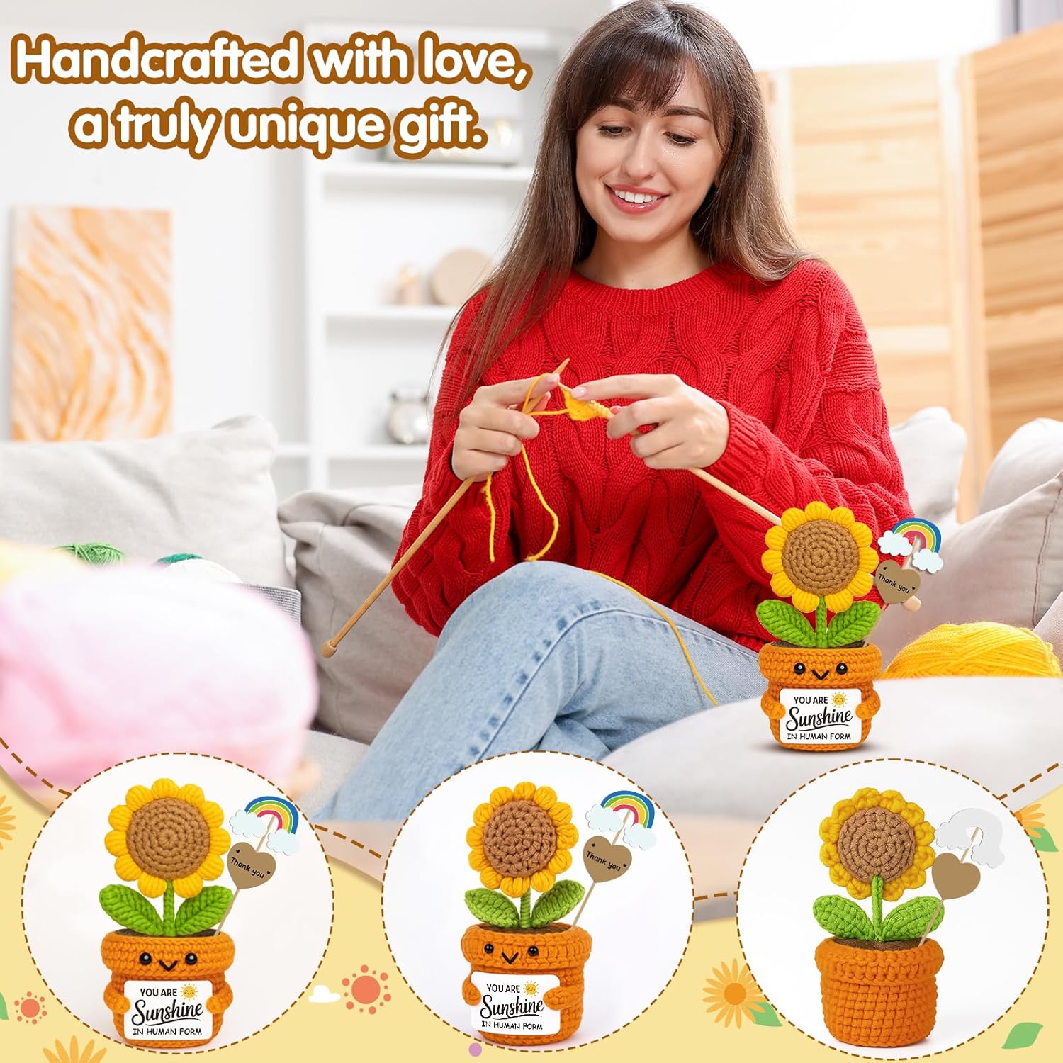 Positive Mini Crochet Sunflower Christmas Desk Decor – You Are Sunshine – Appreciation Gift for Coworker, Teacher, Friend, Employee – Encouragement Plush for Office, Birthday, Thanksgiving - Image 3