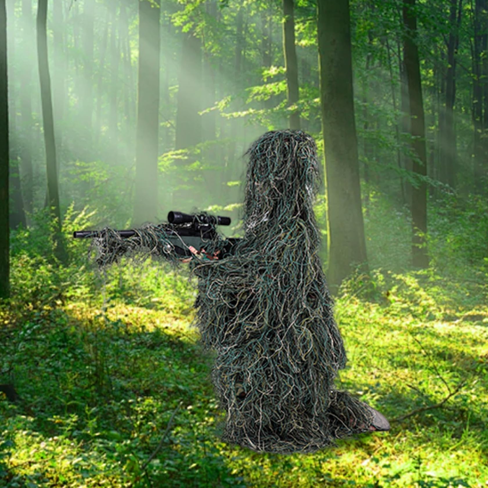 Ghillie Suit per bambini Altezza 43, 31-51, 18 pollici, Tuta mimetica 3D traspirante 5 in 1, Abbigliamento da caccia con giacca, pantaloni, cappuccio, borsa per il trasporto, giocattoli e giochi.