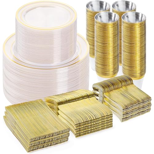 600PCS Clear Gold Dinnerware Set for 100 Guests, Plastic Plates for Party, Christmas and New Year, 100 Disposable Plates, 100 Dessert Plates, 100 Cups, 100 Spoons, 100 Forks and 100 Knives