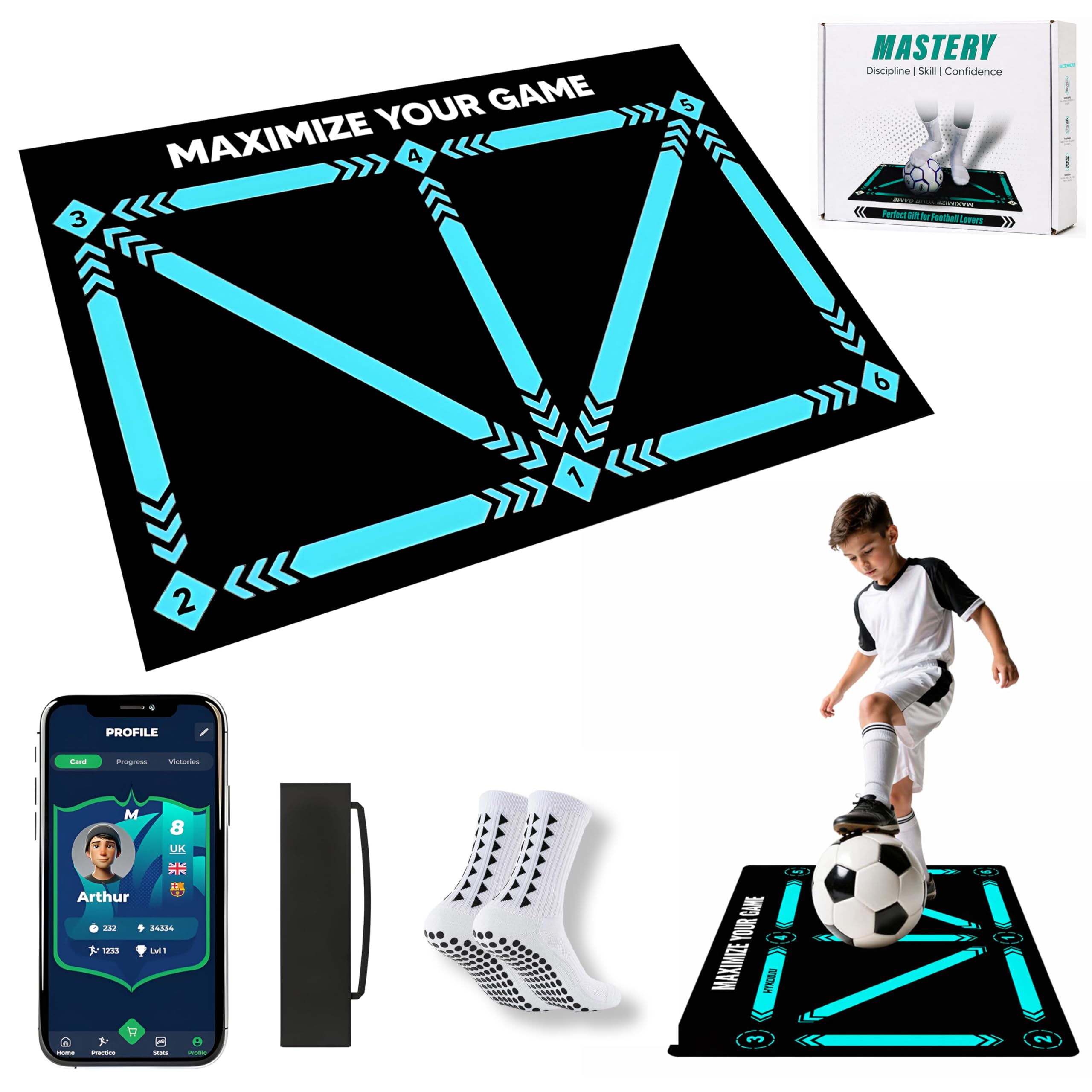 Football Training Mat with Mastery APP -Soccer Mastery Skills Footwork Mat 90x60cm Football Gifts for Boys | Pro Dribble Ball Control & Stress Relief Games for Kids Girls & Teenage Gifts