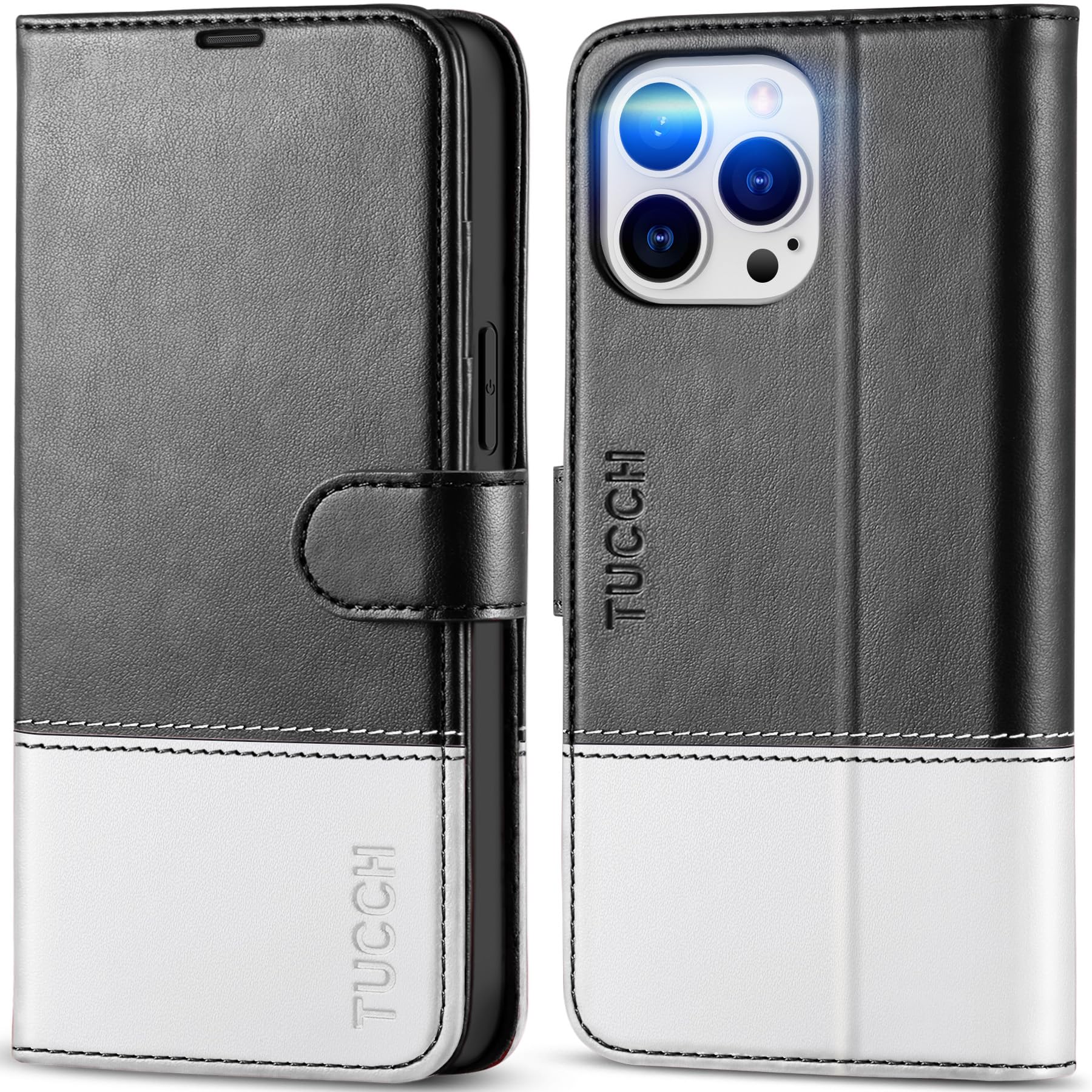 TUCCH iPhone 14 pro max 対応 ケース 手帳型 iPhone 14 プロマックス ケース 手帳型 カード収納 [RFIDブロッキング] 横置きスタンド機能 高級PU合皮 柔軟なTPU素材 マグネット式 (アイフォン14 プロマックス 5G 6.7 インチ対応) ブラック&ホワイト
