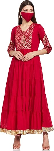 BIBA Women A-Line Floor Length Cotton Fusion Wear Dress
