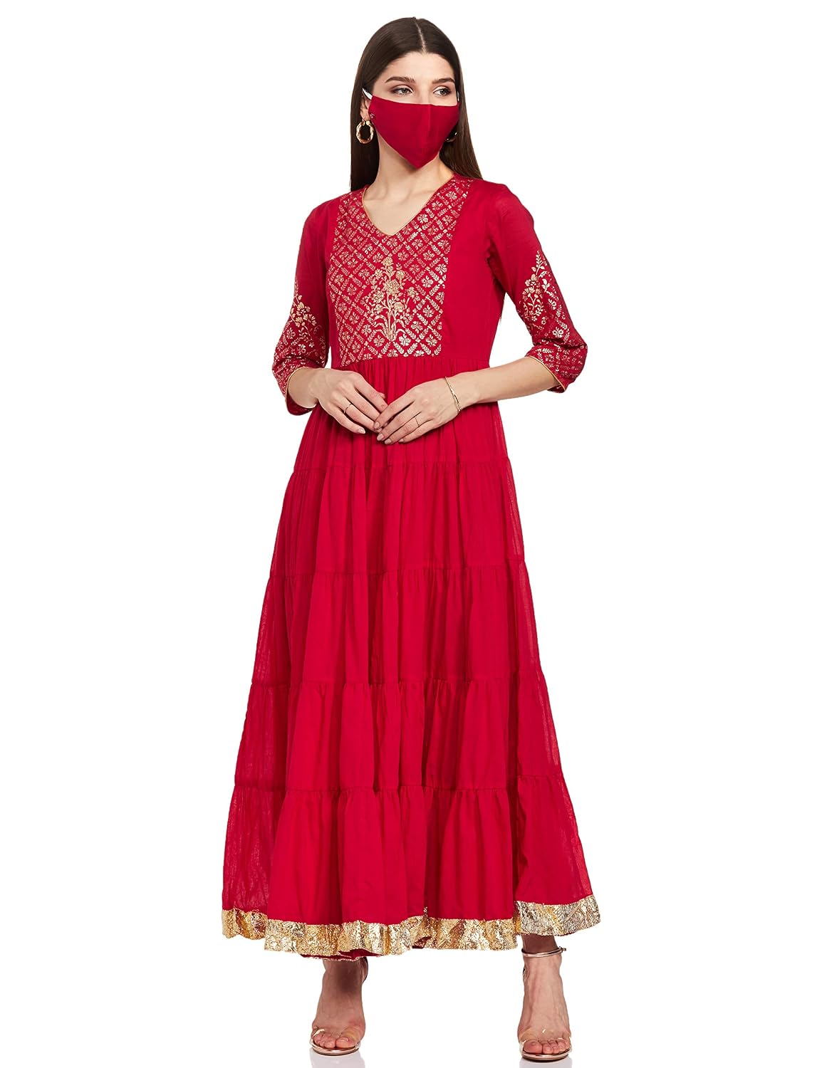 BIBA Women A-Line Floor Length Cotton Fusion Wear Dress