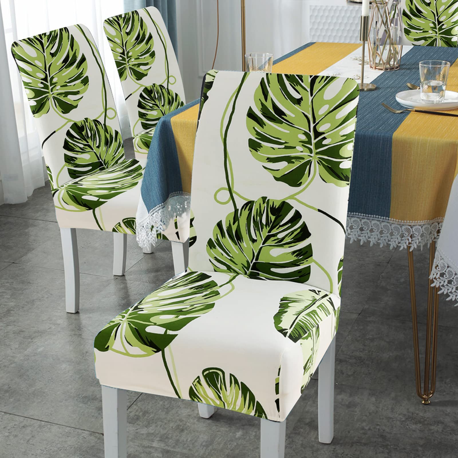 Jaotto Coprisedia Elasticizzati con Schienale 6 Pezzi, Fodere Coprisedie Universale per Sala da Pranzo Cucina, Moderno Coprisedia Lavabile Estraibile, Coperture per Sedie(Foglie Beige,6 Pezzi)