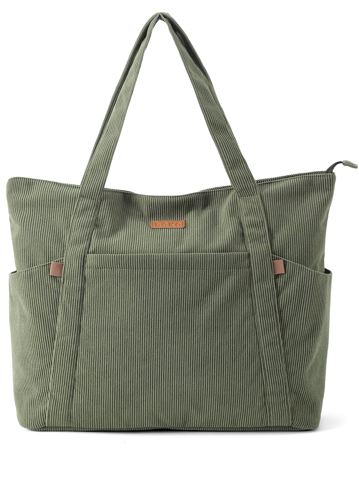Cord Tasche Damen, Groß Tote Bag Strandtasche mit Reißverschluss, Shopper Tasche Damen Laptoptasche mit 17 Zoll Laptopfach, Elegant Handtasche Umhängetasche für Arbeit Schule Gym-Grün
