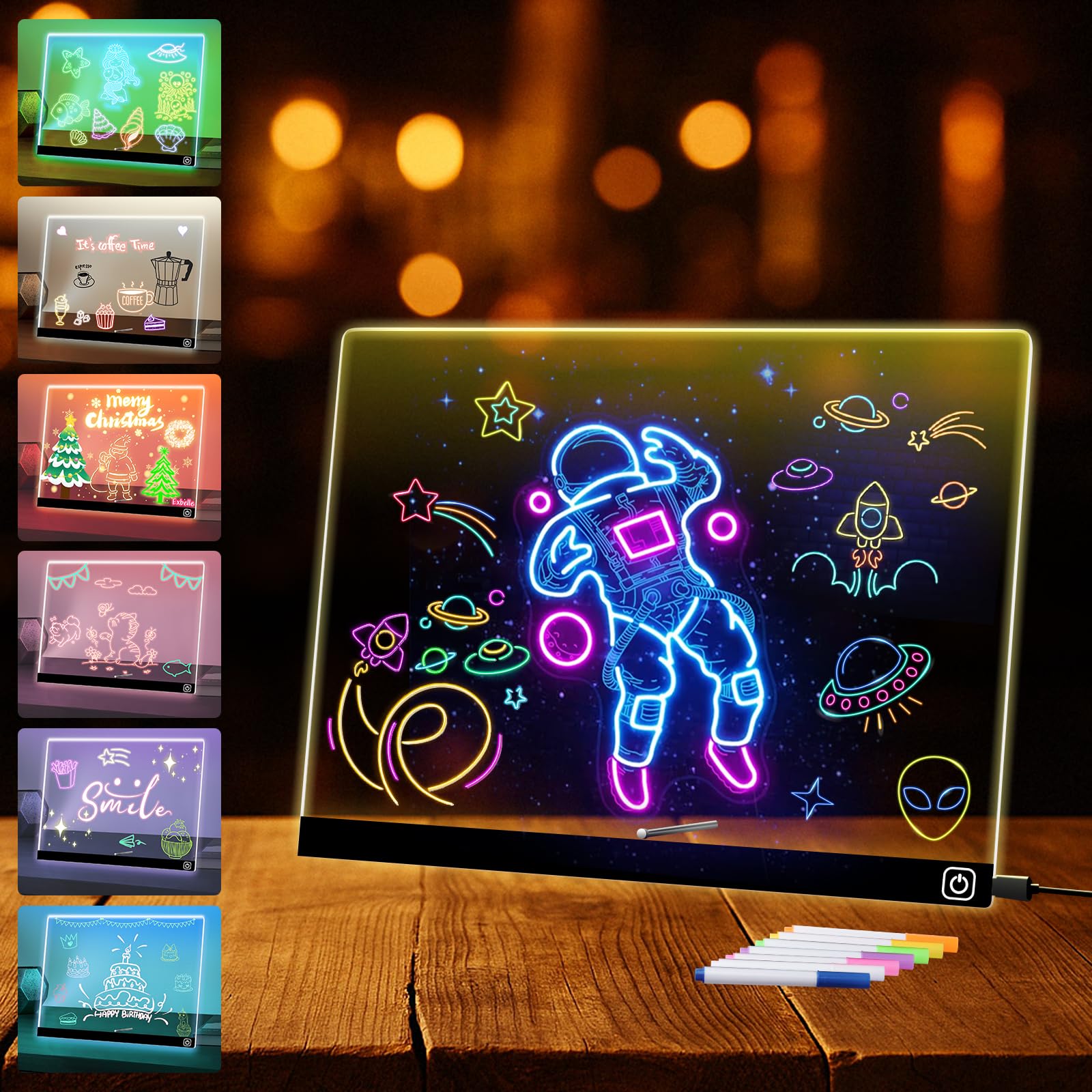 Exbelle 14“ LED Drawing Board 7 Colors Light Acrylic Dry Erase Lumiboard for Kids with Stand 2 Modes as Night Light for Room/Store/Office Ideal Gift