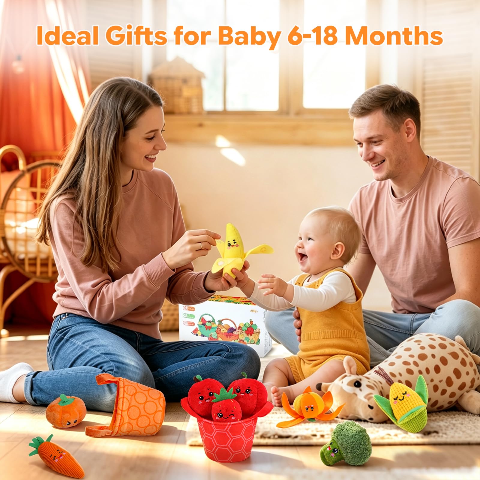 Jouets pour bébé de 6 à 12 mois, ensemble de jouets sensoriels pour fruits et légumes avec hochet, paniers froissés et de tri des couleurs, ensemble de 16 jouets Montessori à moteur fin pour 6 à 18
