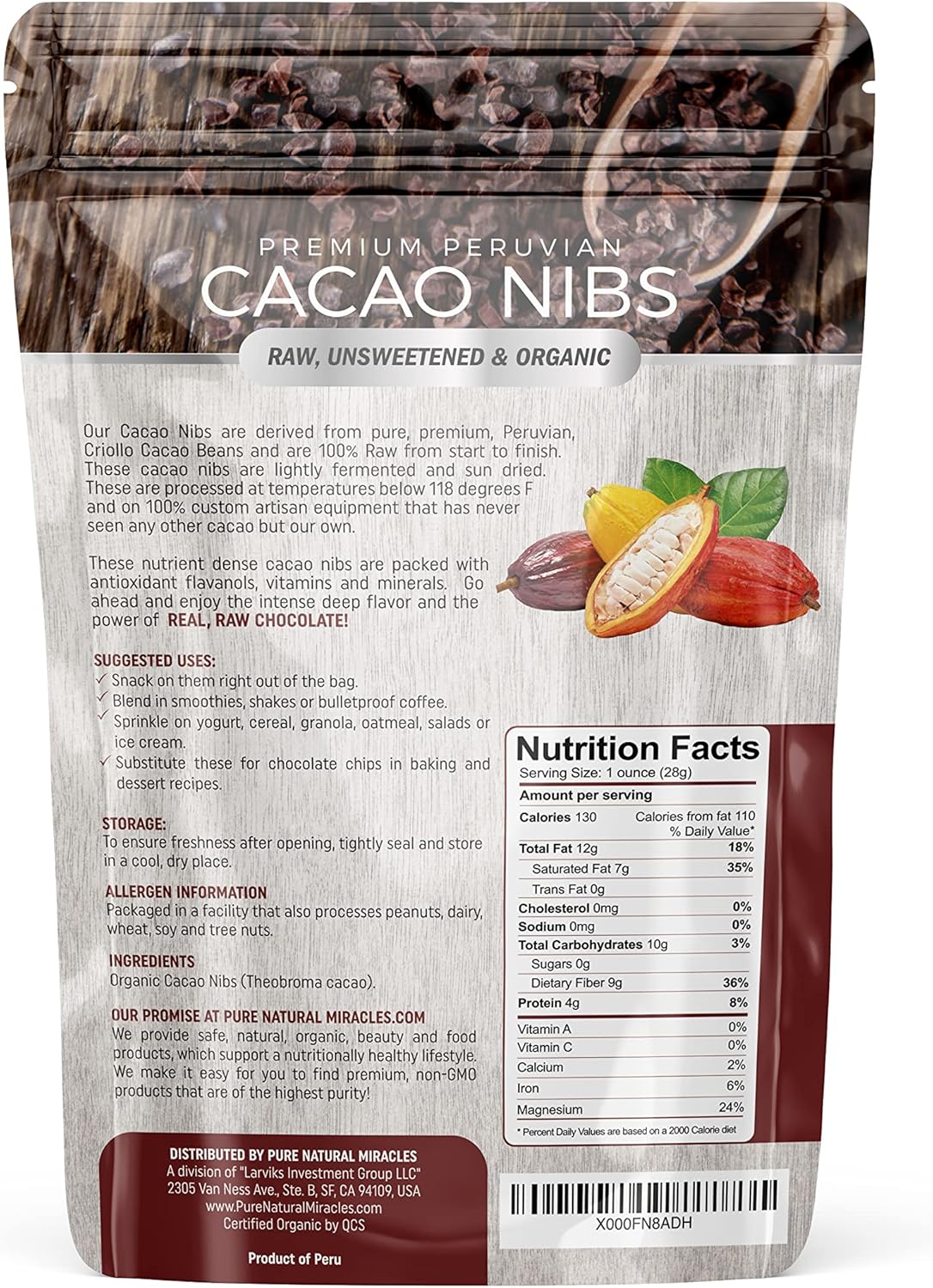 Cacao Nibs Organic - Dark Chocolate Chips - , Unsweetened Cocoa