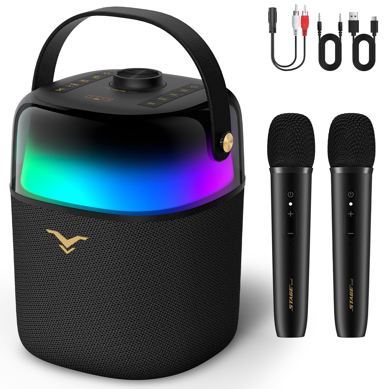 Karaoke Anlage mit 2 Mikrofonen, 80W Karaoke Maschine mit LED Licht | Home Karaoke System, Tragbar Partybox, USB & AUX Anschluss, für Zuhause und Outdoor