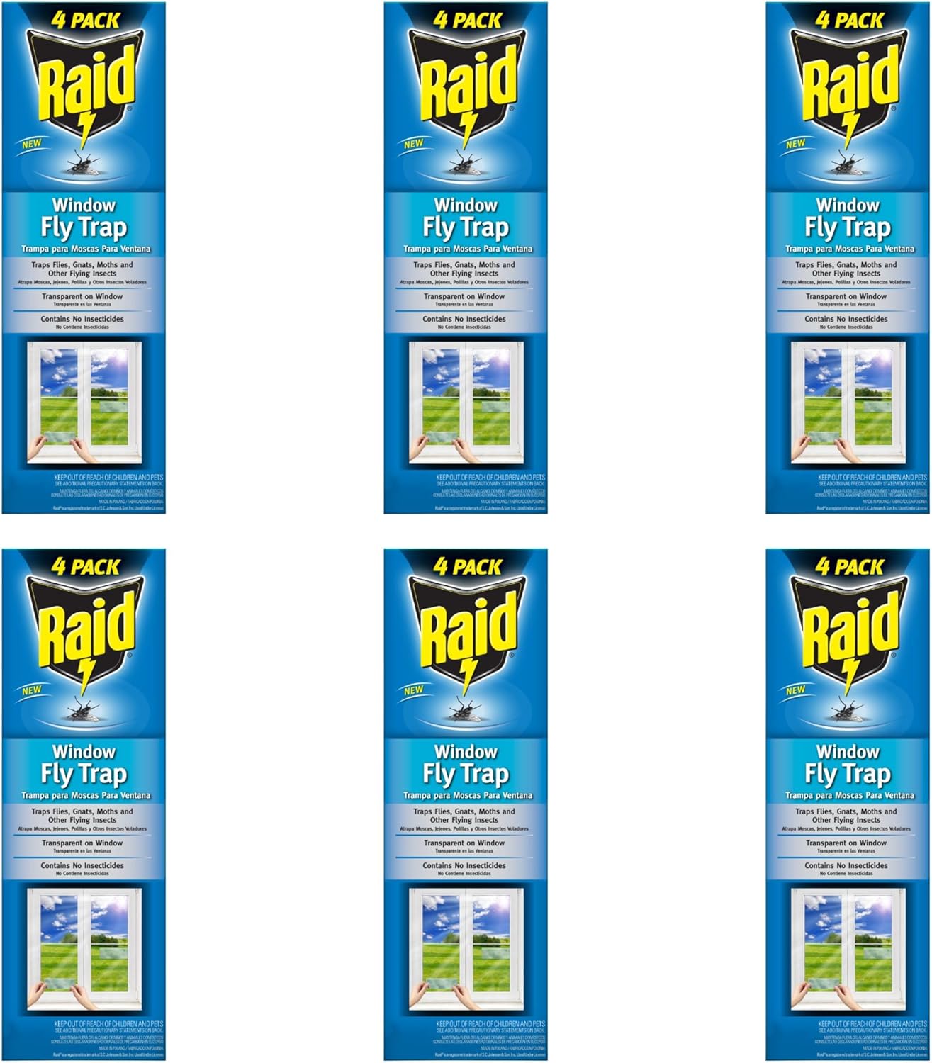 Raid Transparent Window Fly Trap, 6 Pk, Over 100 Flies Per Trap, Indoor Sticky Fly Strips for Flying Insects, No Insecticides, Mess-Free Bug Catcher for Kitchen & Bedroom Windows, Peel & Stick