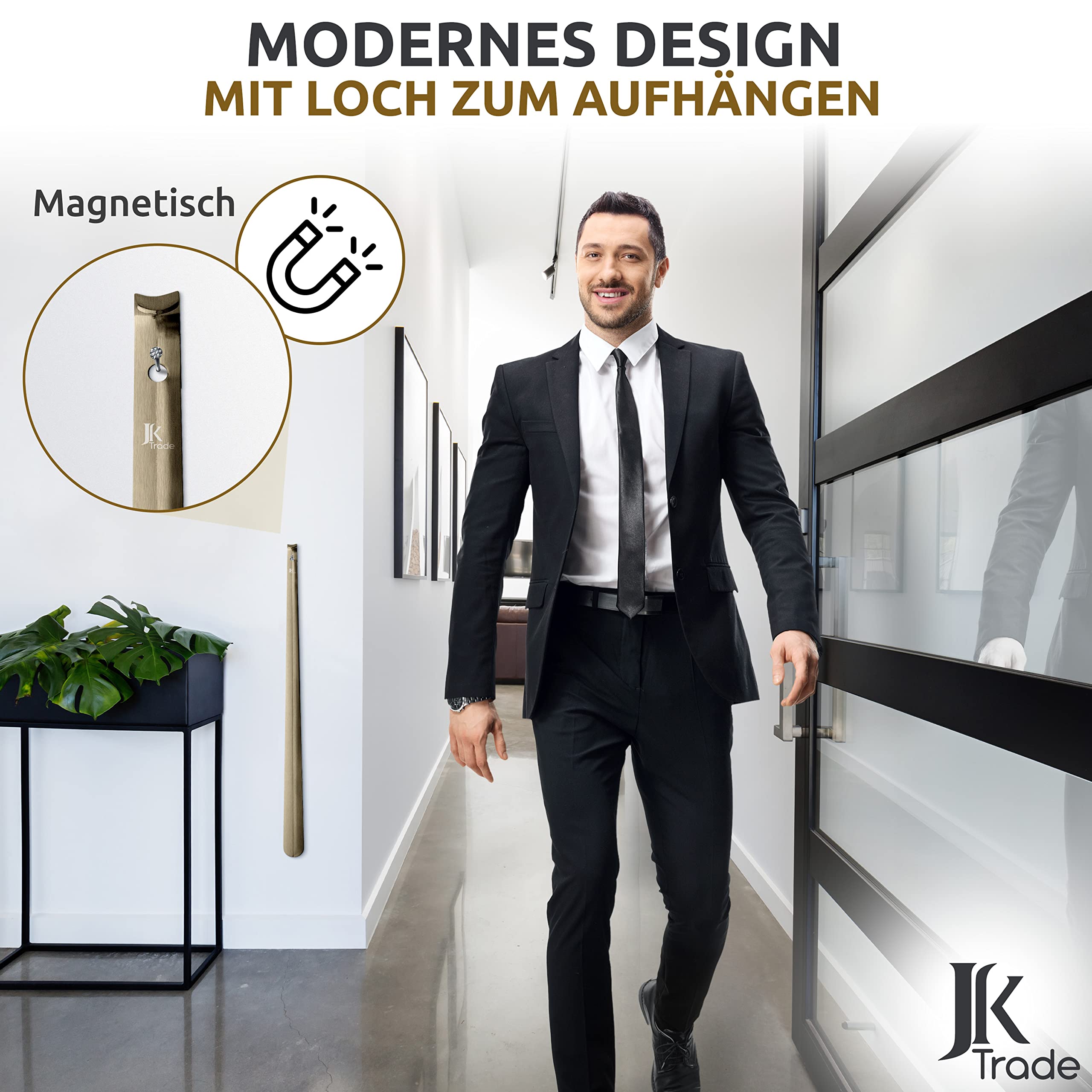 JK Trade® Calzador de acero inoxidable estable de 52 cm, largo de 2 mm, de metal pulido, largo para pie, rápido y fácil, longitud y ancho optimizados, cuerno para zapatos, negocios, colgable
