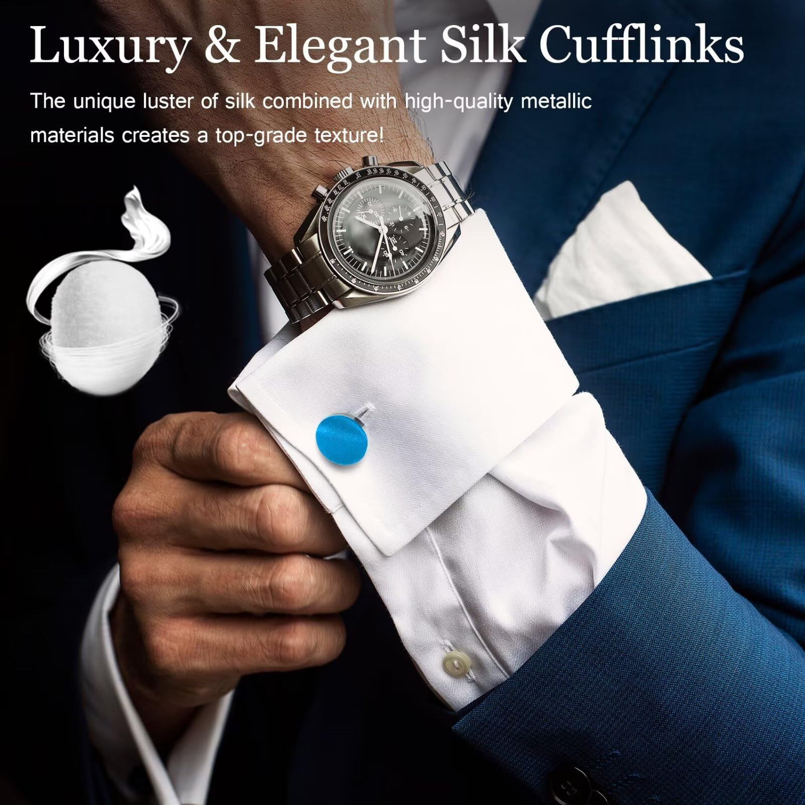 MANSPHIL Peacock Blue Cufflinks for Men, Tuxedo Shirt Silk Cuff Links for Grooms Wedding Business, 0.7
