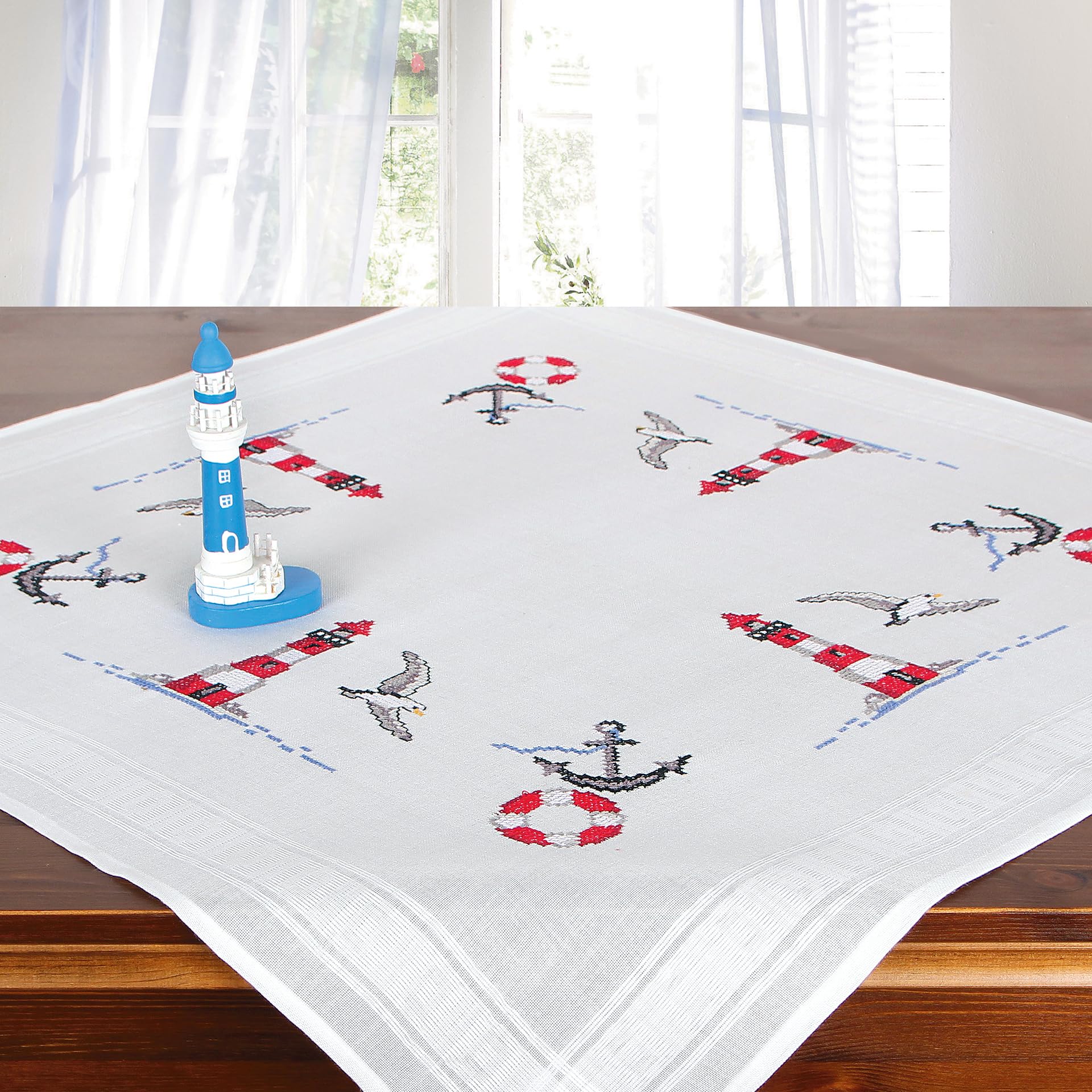 KAMACA Embroidery Kit, Tablecloth, Cross Stitch Maritime Pre-Printed Embroidery Blanket Including Embroidery Thread, Embroidery Template and Instructions (English language not guaranteed), Embroidery