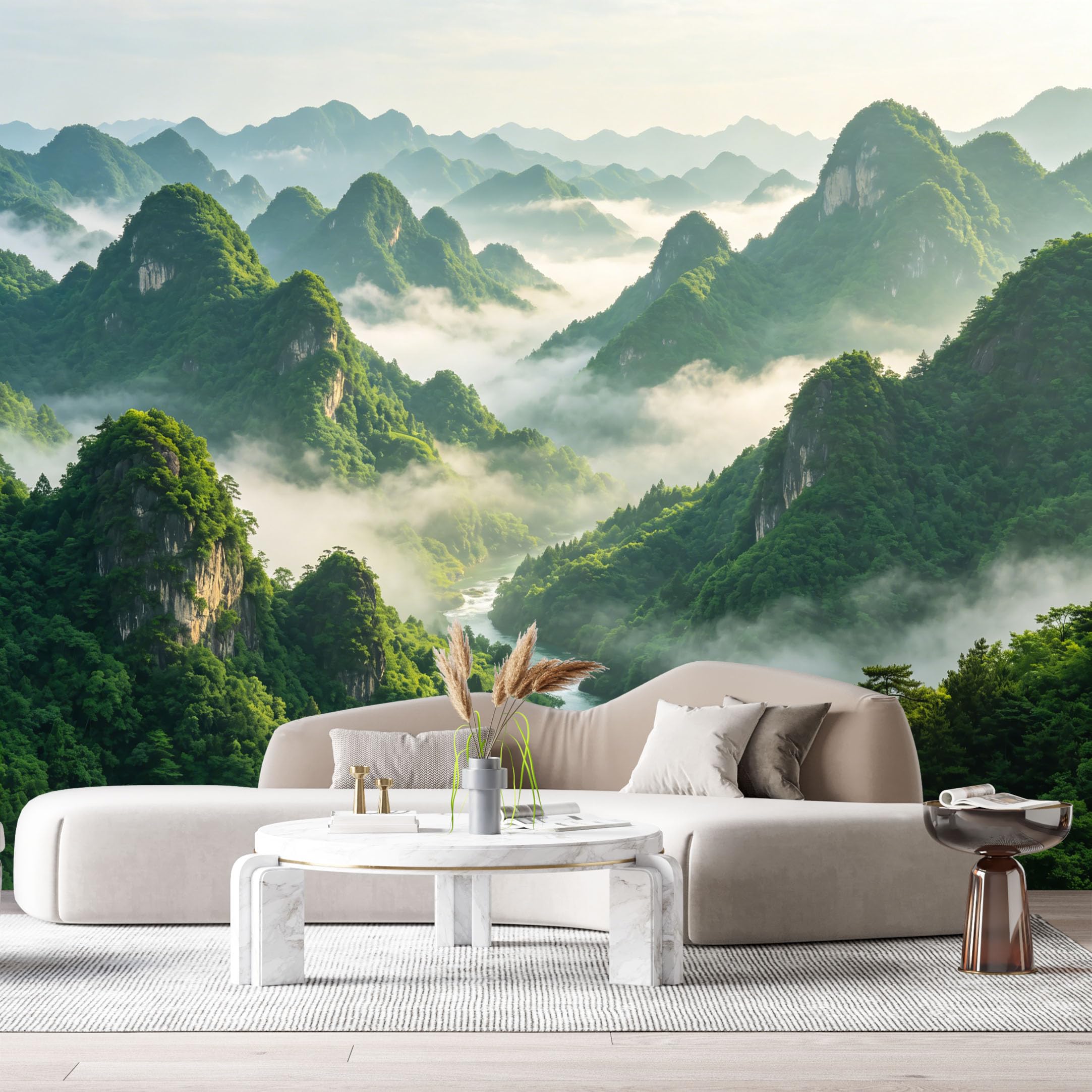 Custom Size Wall Murals Misty Mountain River Landscape Forest Peaks SelfAdhesive Wall Fabric Removable Large Wallpaper for Photo Living Room Background Decor