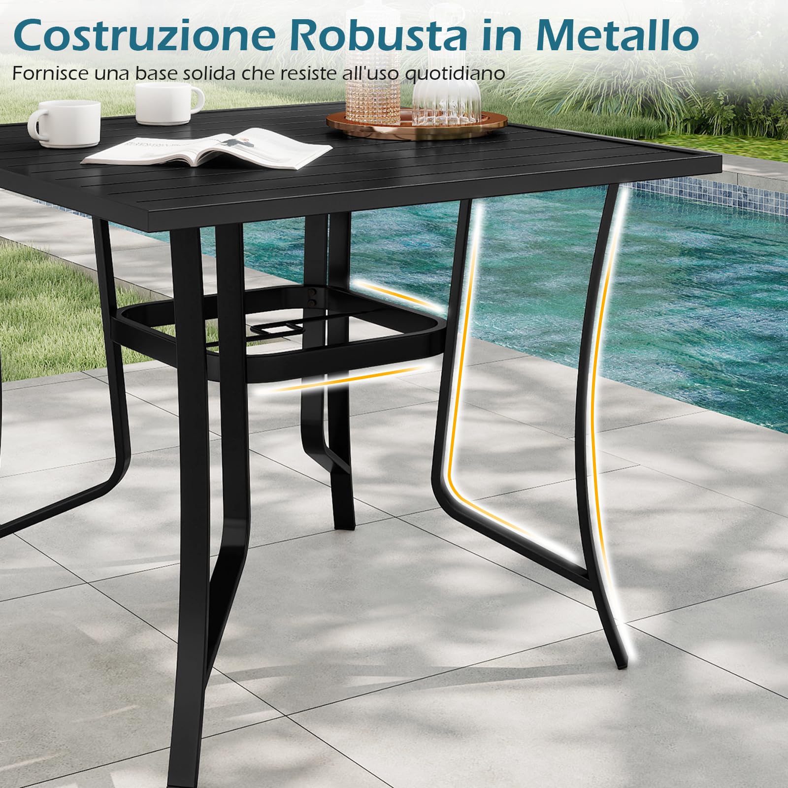 COSTWAY Tavolo Esterno in Metallo, con Foro per Ombrellone, Tappo per Foro, Tavolo Caffè Quadrato per Patio Cortile Piscina, 91 x 91 x 73 cm