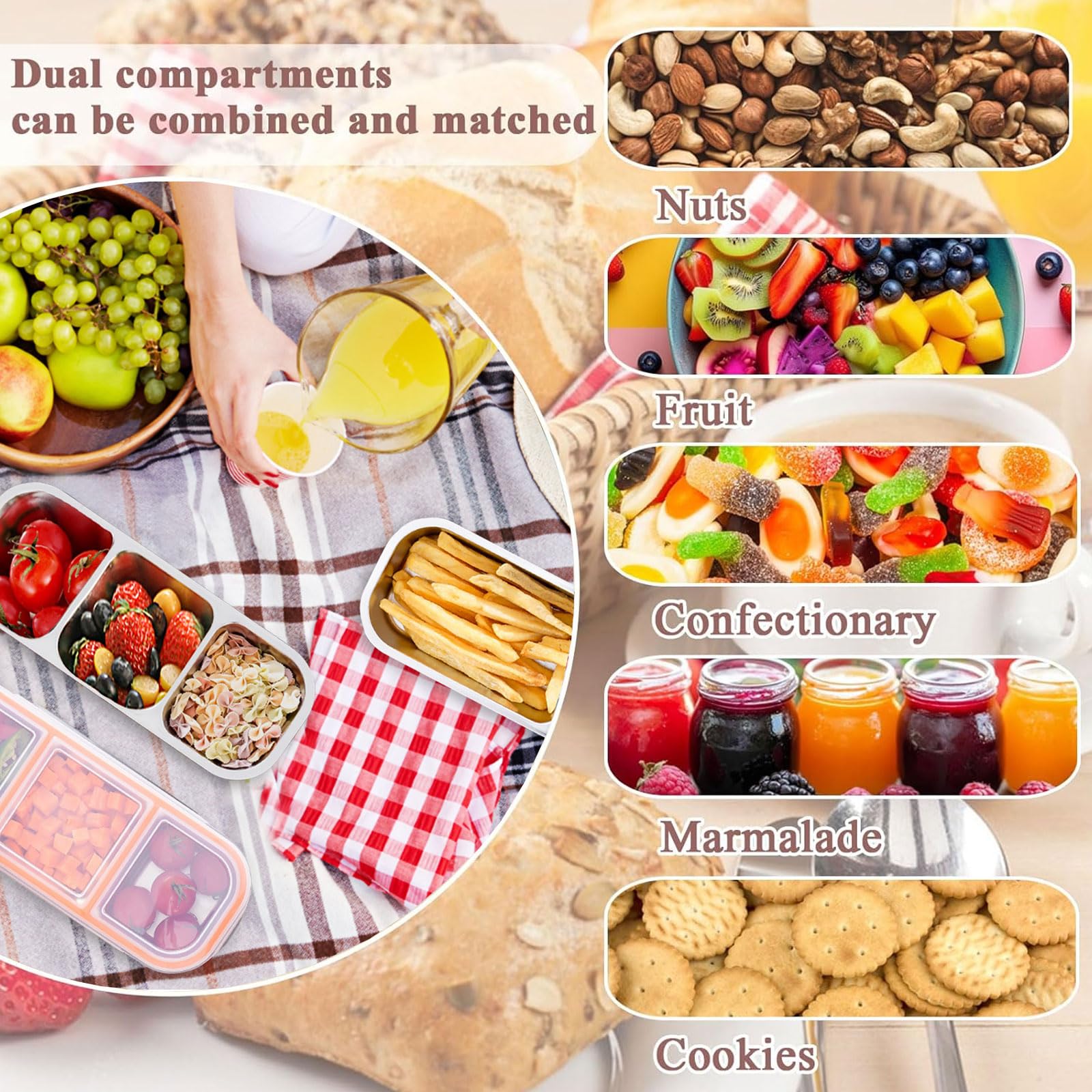 MINGRI Stainless Steel Snack Containers for Kids,2 Compartments Metal Snack Pack Box with Lids, Grab and Go Divided Food Storage Containers Sauce Cups for Travel, School,Leak-Proof,1 Pack