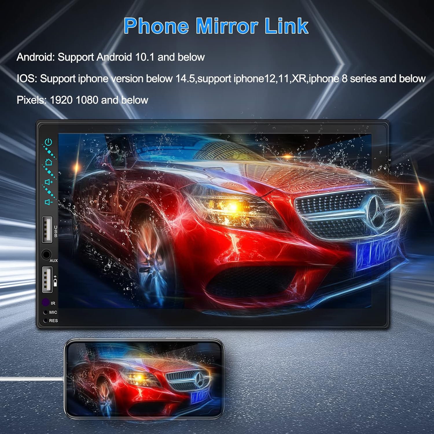 Car stereo display showing a mirrored smartphone screen with a car image, illustrating the Phone Mirror Link feature