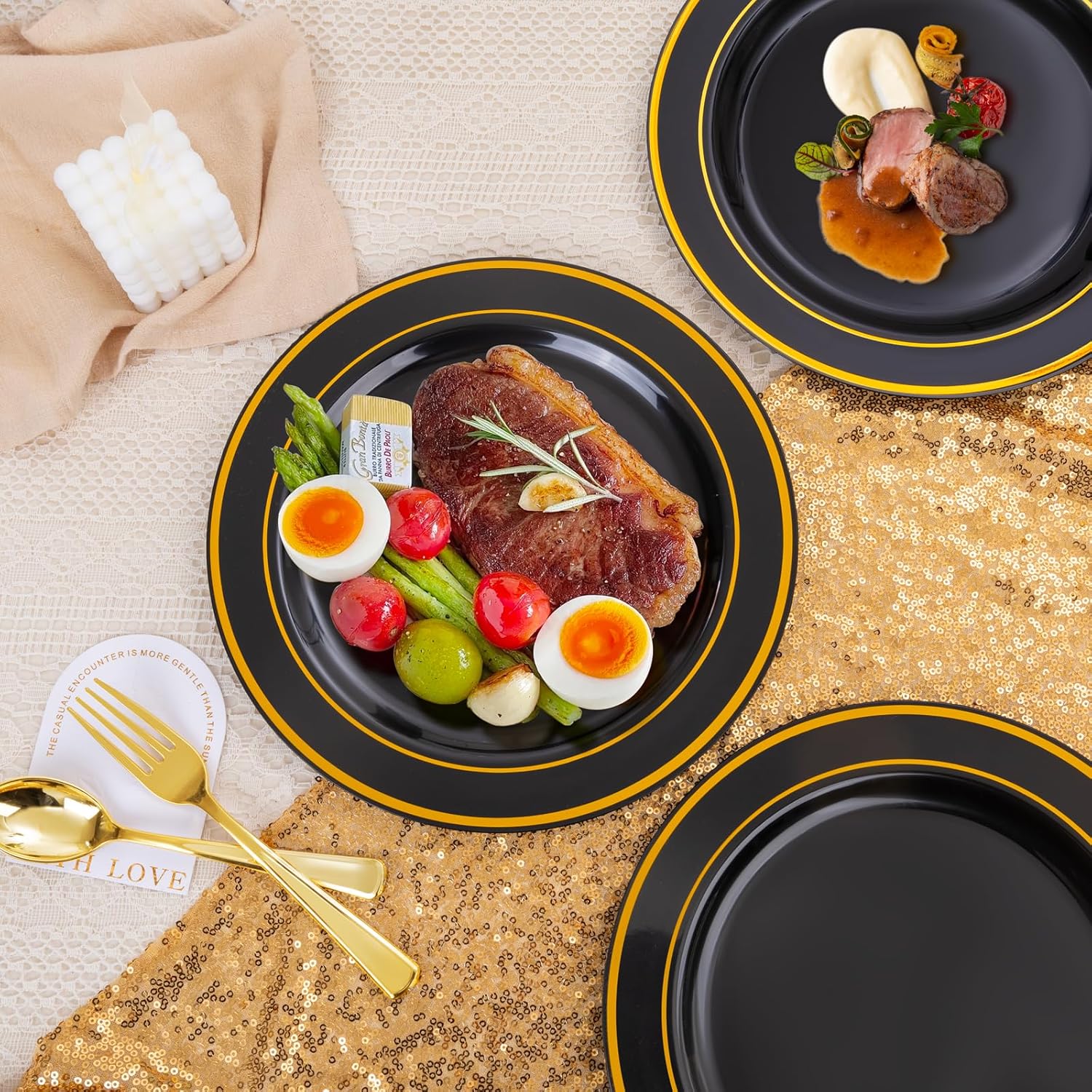 bUCLA 100 Pieces Black and Gold Plastic Dinner Plates - 10.25 inch Black Disposable Plates with Gold Rim - Ideal for Party, Graduation & New Year - Image 5