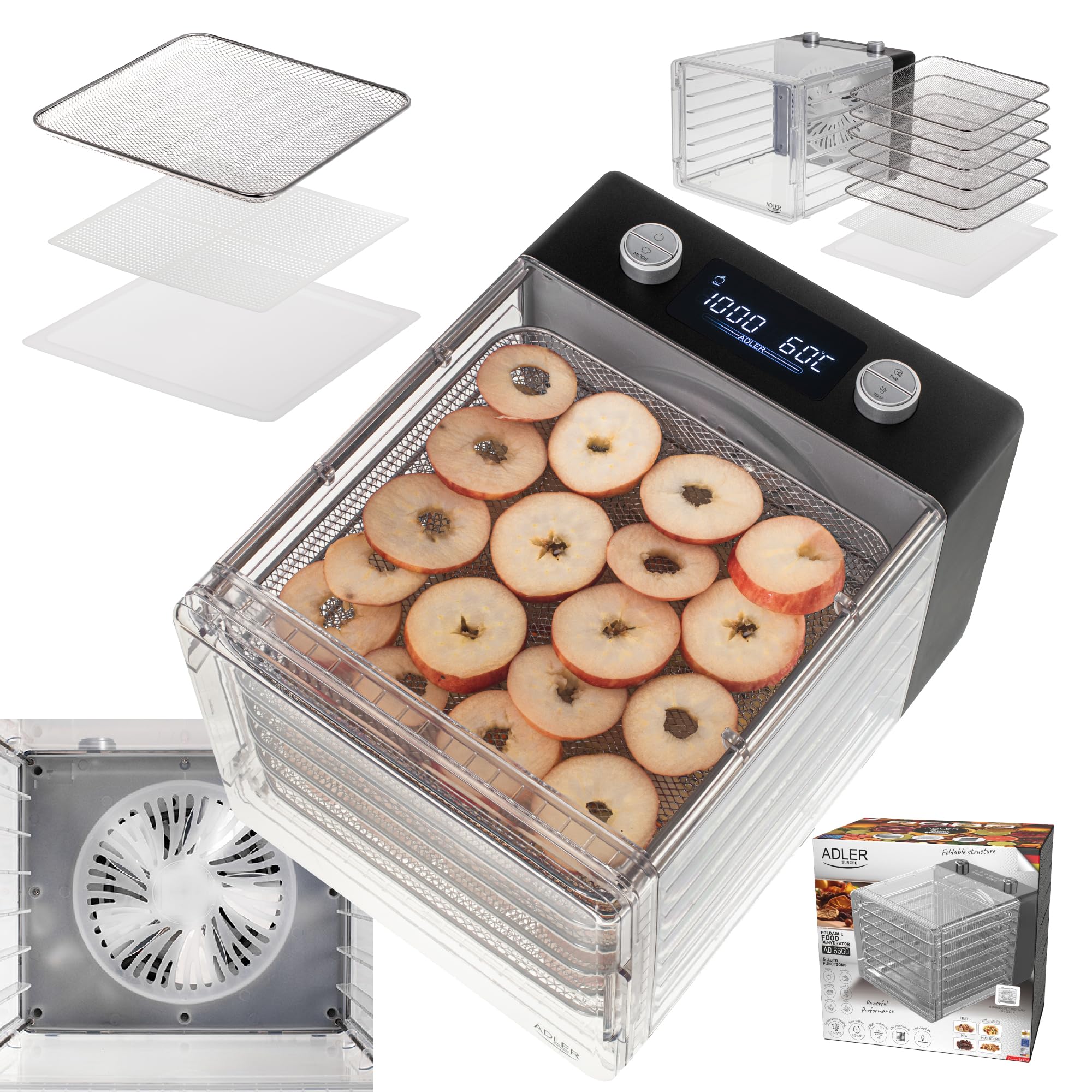 Adler Deshidratador de Alimentos Digital AD 6660, 6 Bandejas de Malla, Ventilador de Circulación, Pantalla LCD, Control de Temperatura y Tiempo