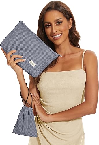 Miniatura 3 de WLLWOO - 2 bolsas de maquillaje de pana con cara sonriente, bolsa de cosméticos con cremallera interior impermeable, estuche para lápices, monedero,