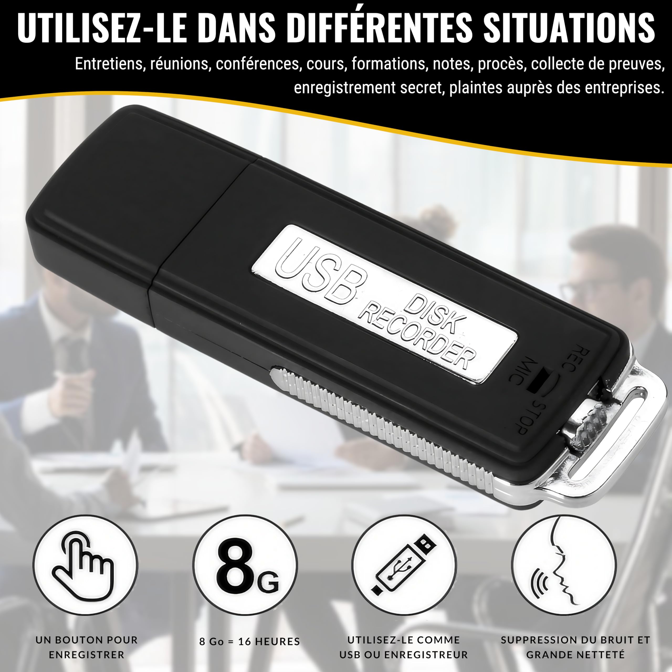 Enregistreur Vocal Espion Discret | Micro Espion Enregistreur Audio HD 8 Go Pour Réunions, Interviews, Cours | Micro d’Écoute À Distance Invisible, 500 Heures D'enregistrement, Portable, Autonomie 13H