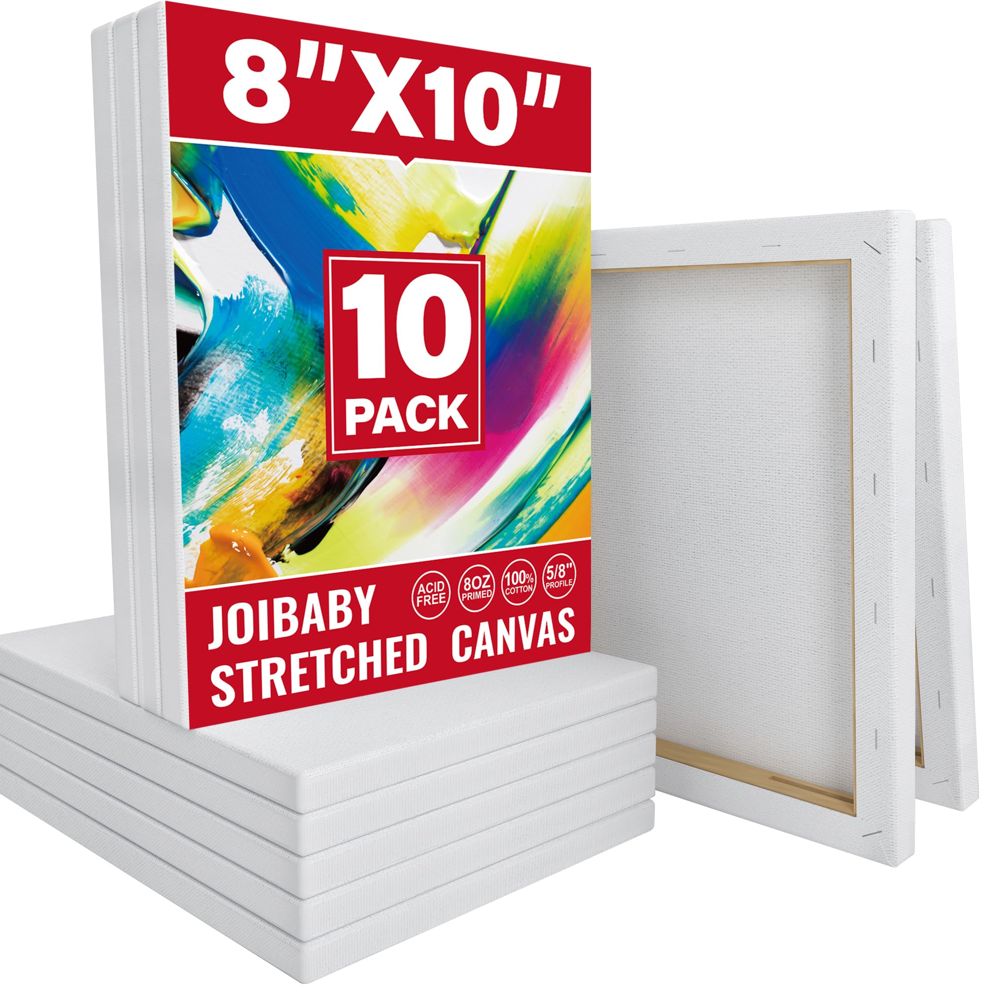 Stretched Canvas for Painting,10Pack 8X10 Inch Stretched White Blank Canvas,8 Oz Triple Primed 5/8" Profile Stretched Canvases,100% Cotton,Canvas for Painting, for Acrylics, Oils