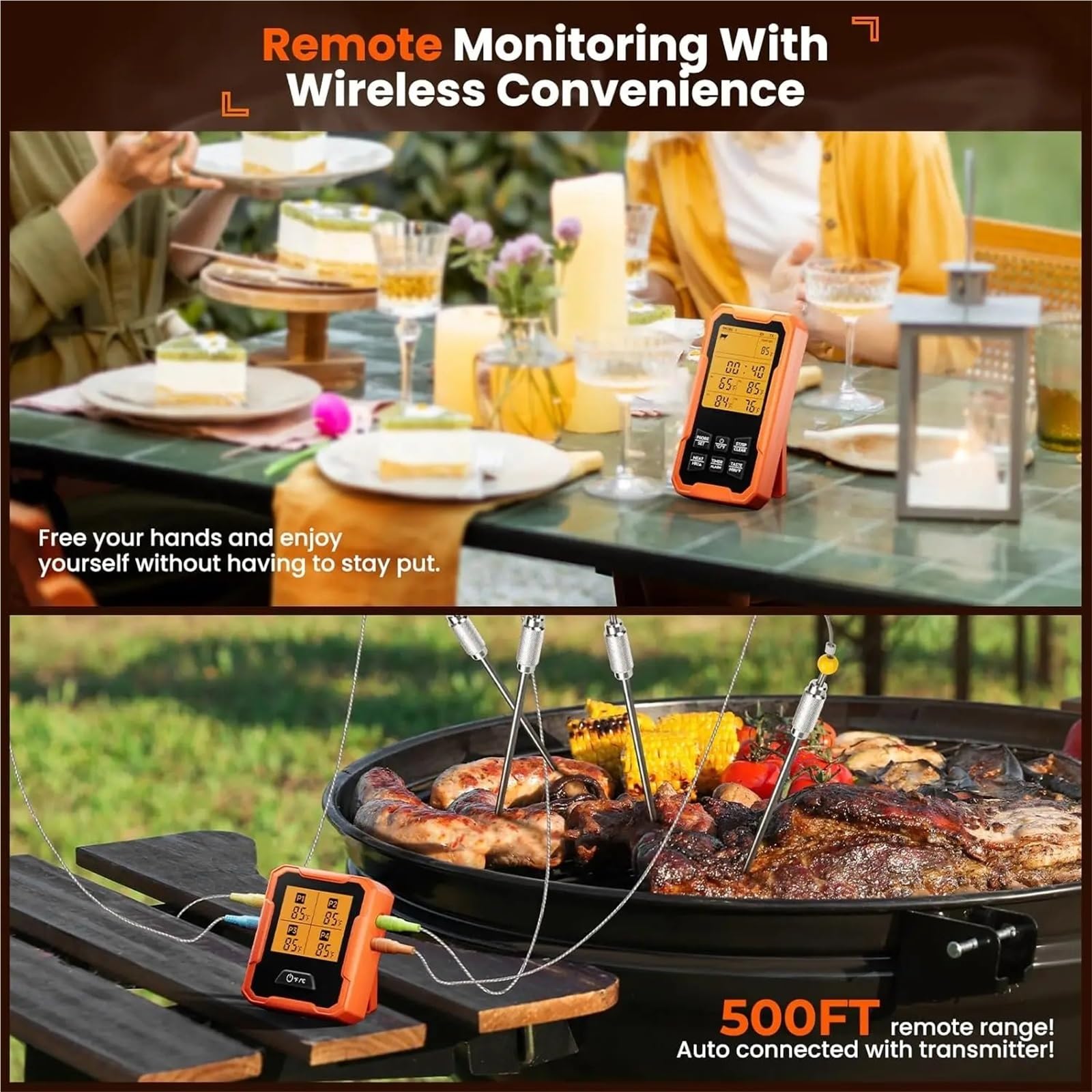 Thermomètre Infrarouge Laser, Thermomètre À Viande Sans Fil Distance Avec 4 Sondes Préréglages Lecture Instantanée Et Alertes Intelligentes pour Cuisine Cuisson, Industrie