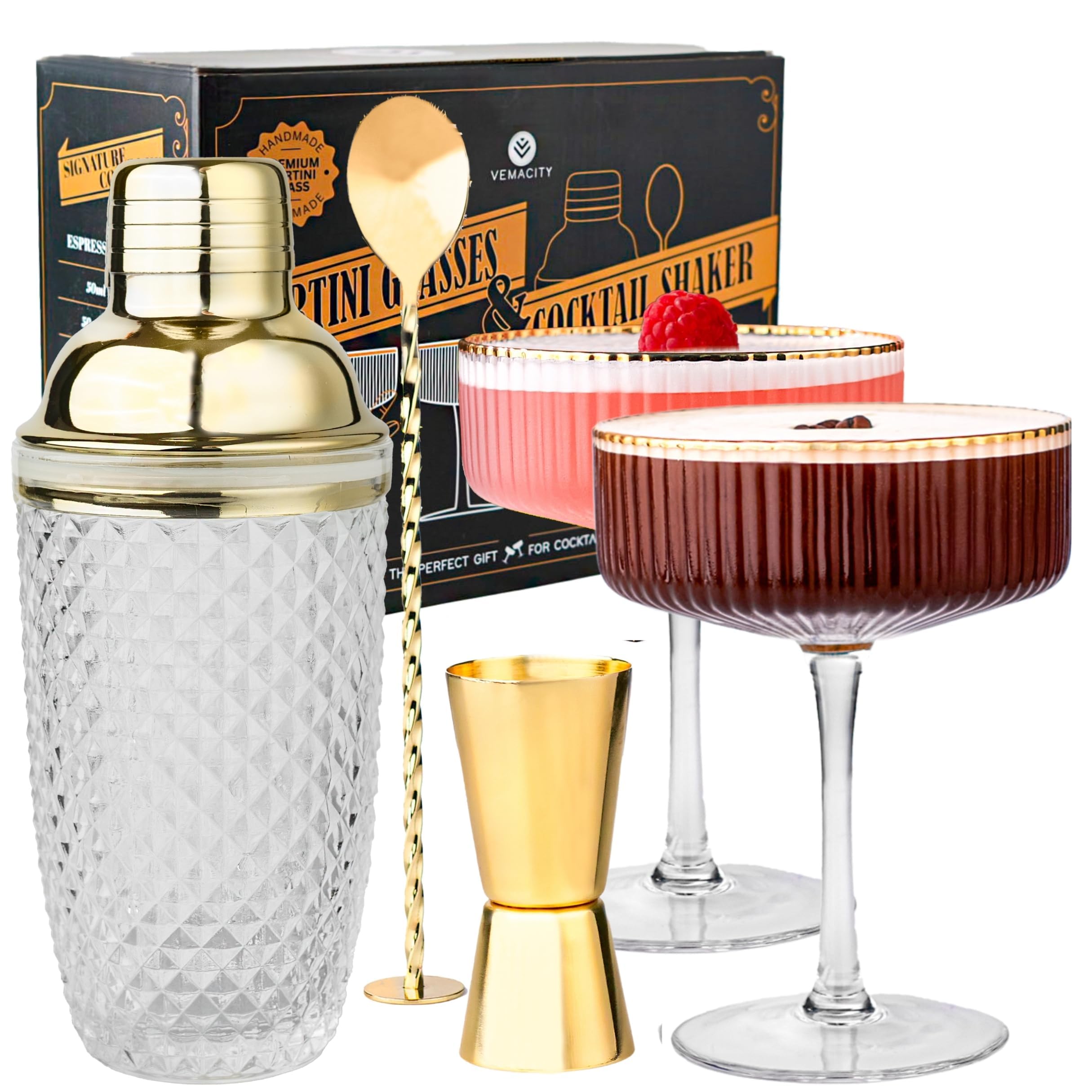 Vemacity Cocktail Set– Glas Cocktail Shaker (500ml) + 2 Espresso Martini Gläser mit Goldrand, Bar Spoon & Jigger | Barkeeper-Set | Cocktailgläser + Cocktailshaker | Ideal zum Verschenken