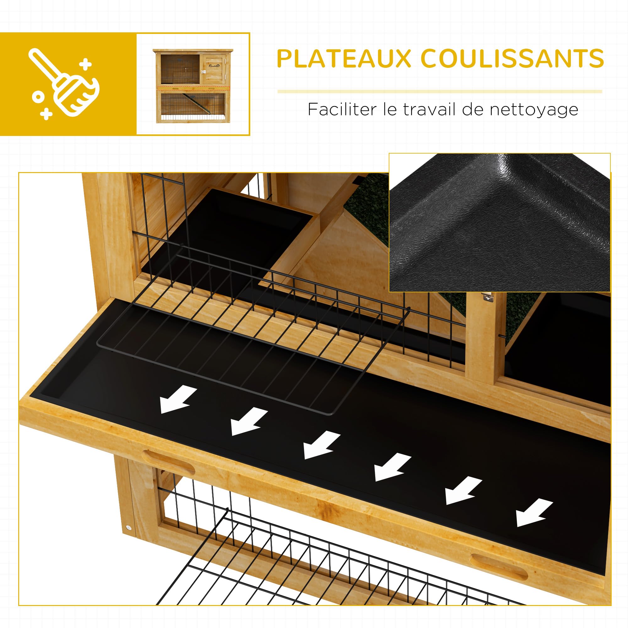 PawHut Conigliera a 2 Piani con 3 Porte con Serratura, Rampa Scorrevole e Tetto in Asfalto, Legno Massiccio, per Conigli, 85 x 50 x 80 cm, Giallo