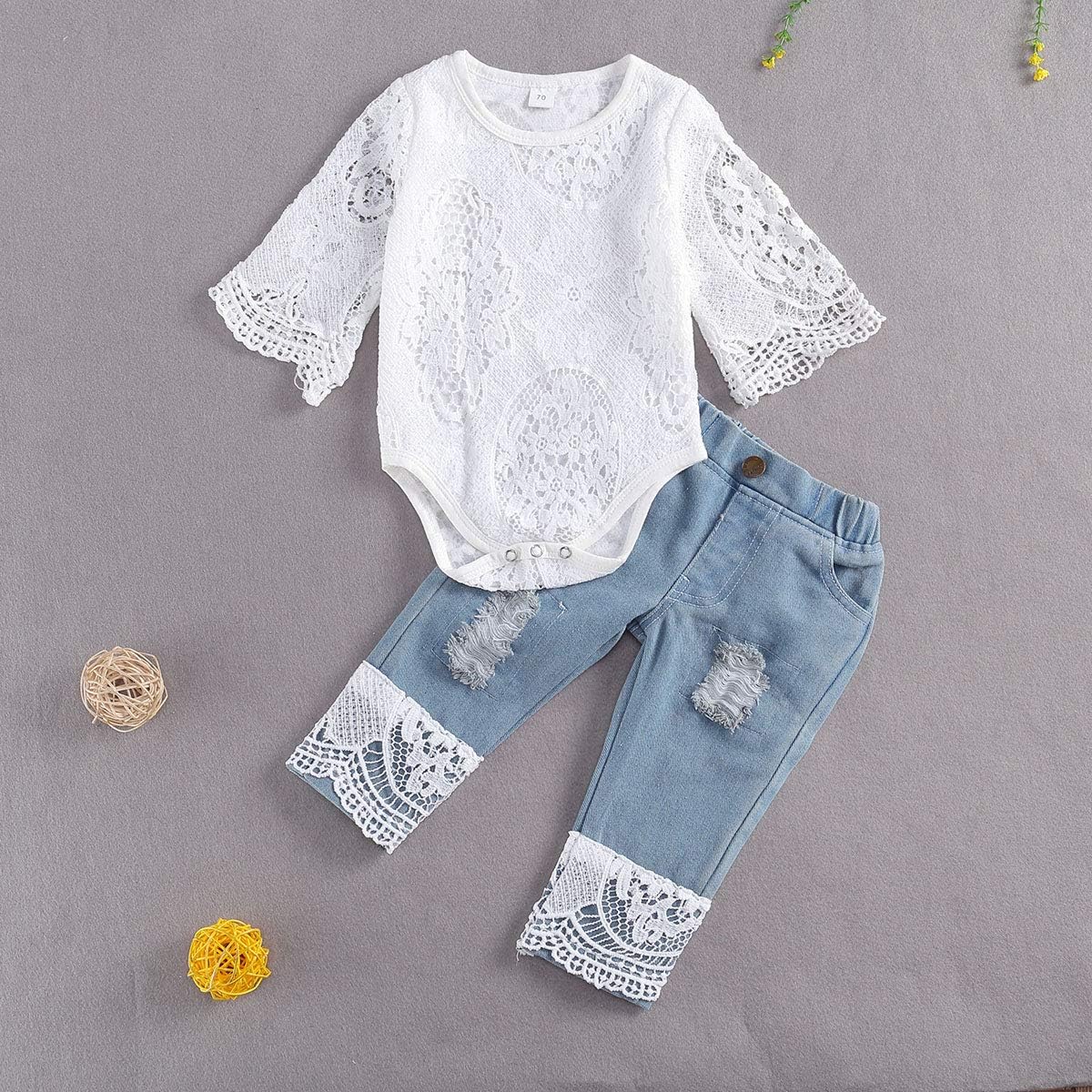 Aopwsrlyi Newborn Baby Girl Clothes Hollow Out Long Sleeve Romper and Ripped Jeans Set Infant 2Pcs Outfits