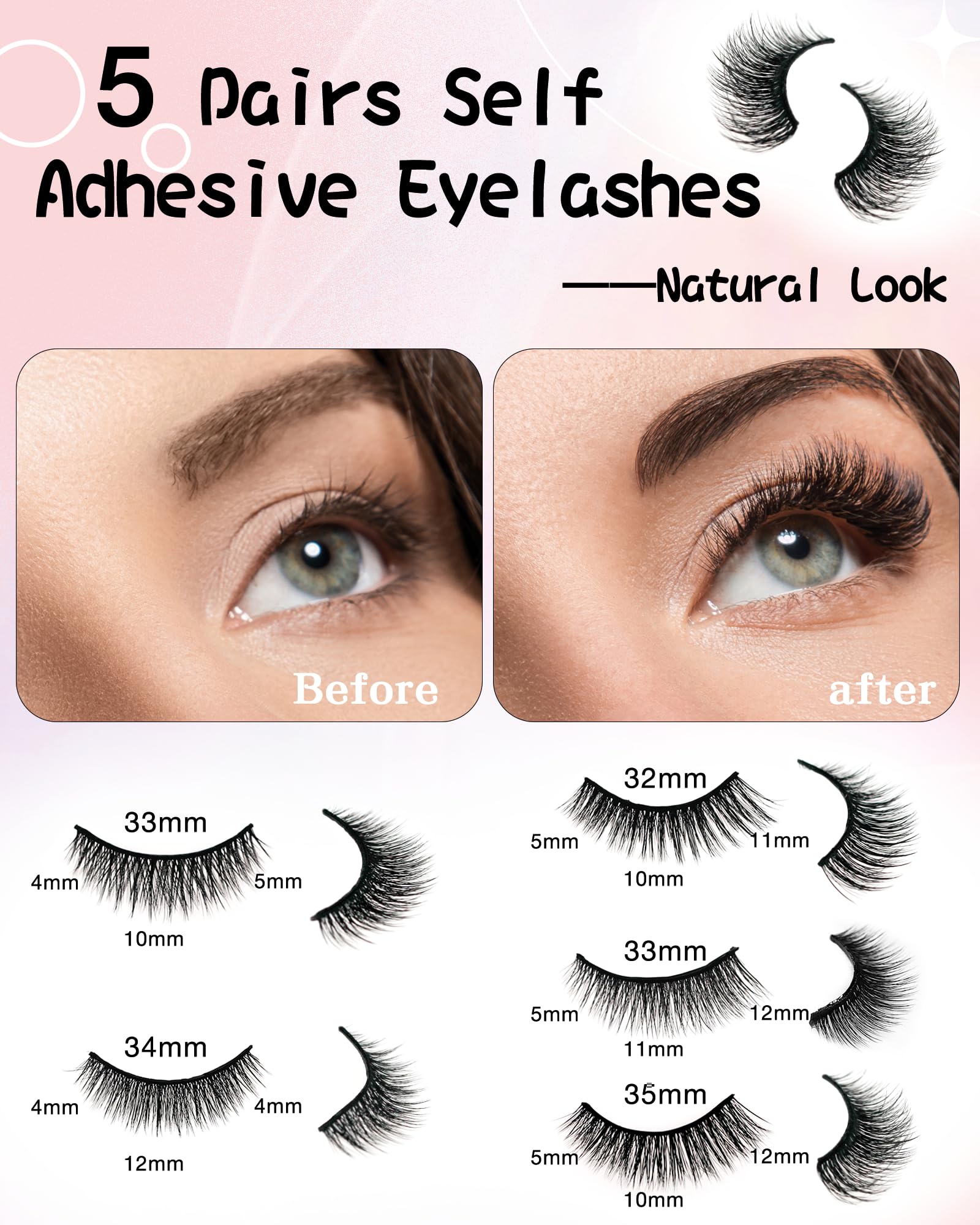 Self Adhesive Eyelashes Natural Look False Eyelashes Reusable Self Stick Lashes No Glue Needed 5 Pairs Waterproof Lashes Mixed (Black)