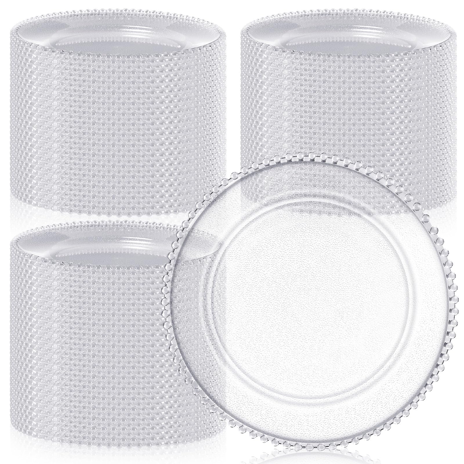 hoolerry 100 pack clear charger plates bulk 13 inch acrylic round dinner charger plates beaded frosted grain dinner decorative dishes for wedding party events home kitchen tabletop(clear,beads)
