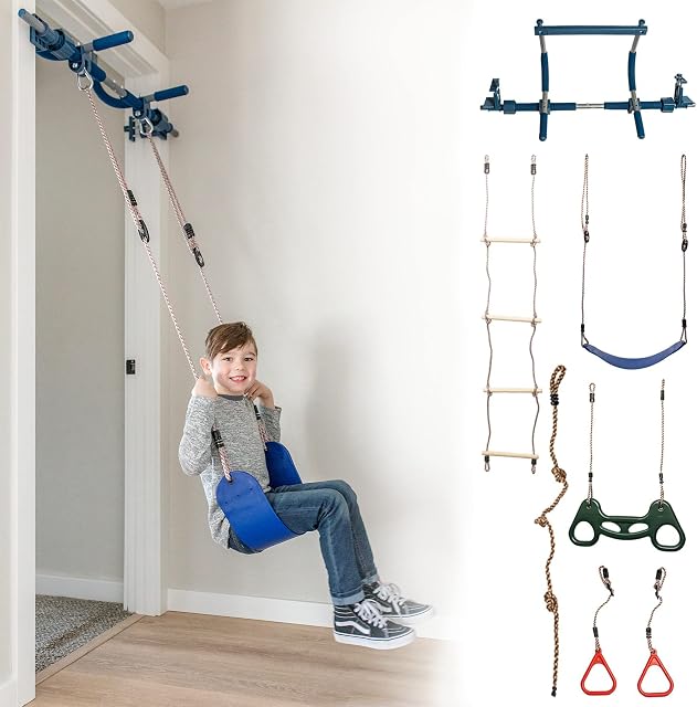 Gym1 - 6 Piece Indoor Doorway Gym Set for Kids - Indoor Swing for Kids Includes Kids Swing Chair, Rings, Hanging Trapeze, Ladder, Swinging Rope & Pullup Bar - Sensory Swing Set Accessory Playground
