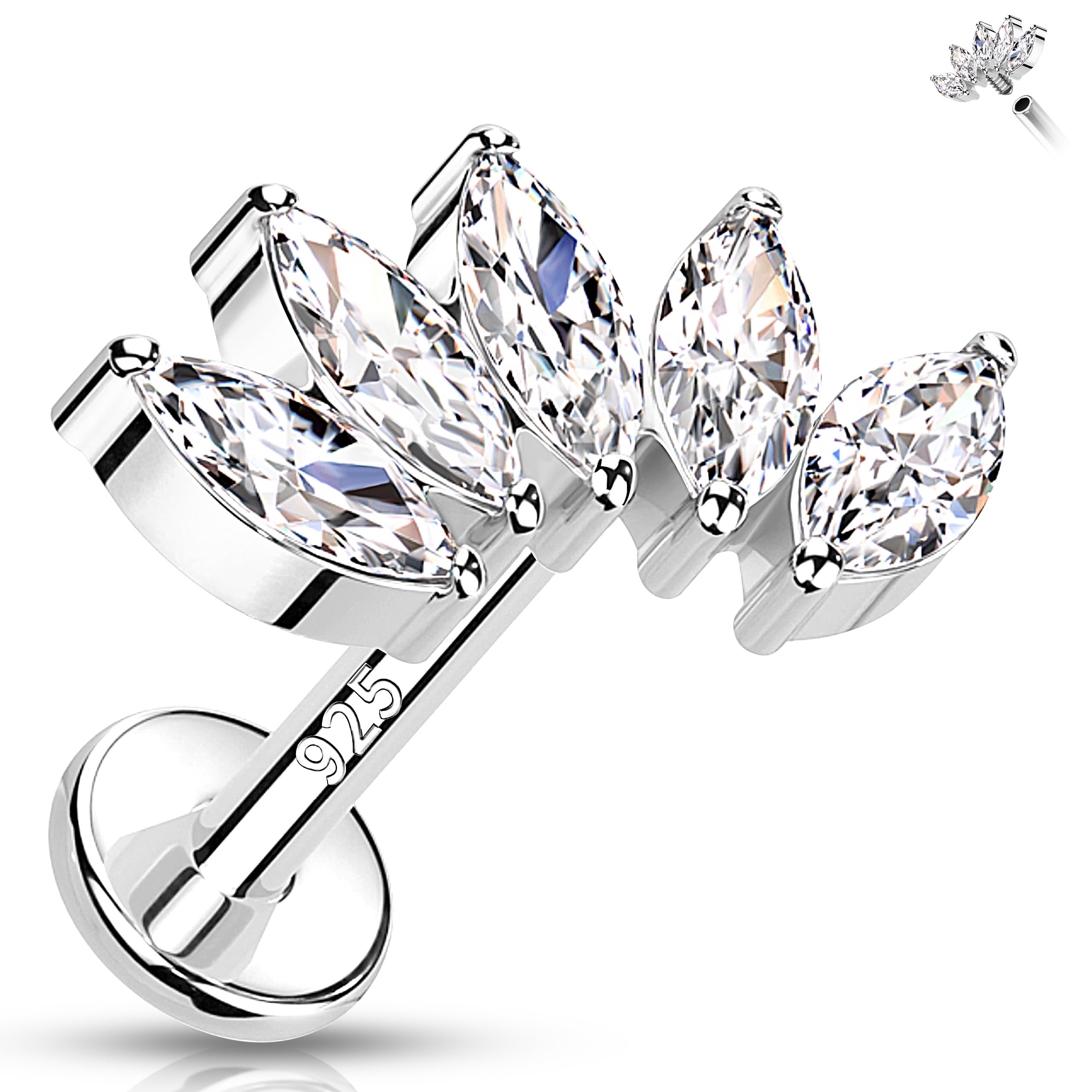 Melighting 16G Curved Helix Earring, Sterling Silver 925 Tragus Conch Stud Internally Threaded, Clear Marquise Round CZ Flat Back Lobe Labret