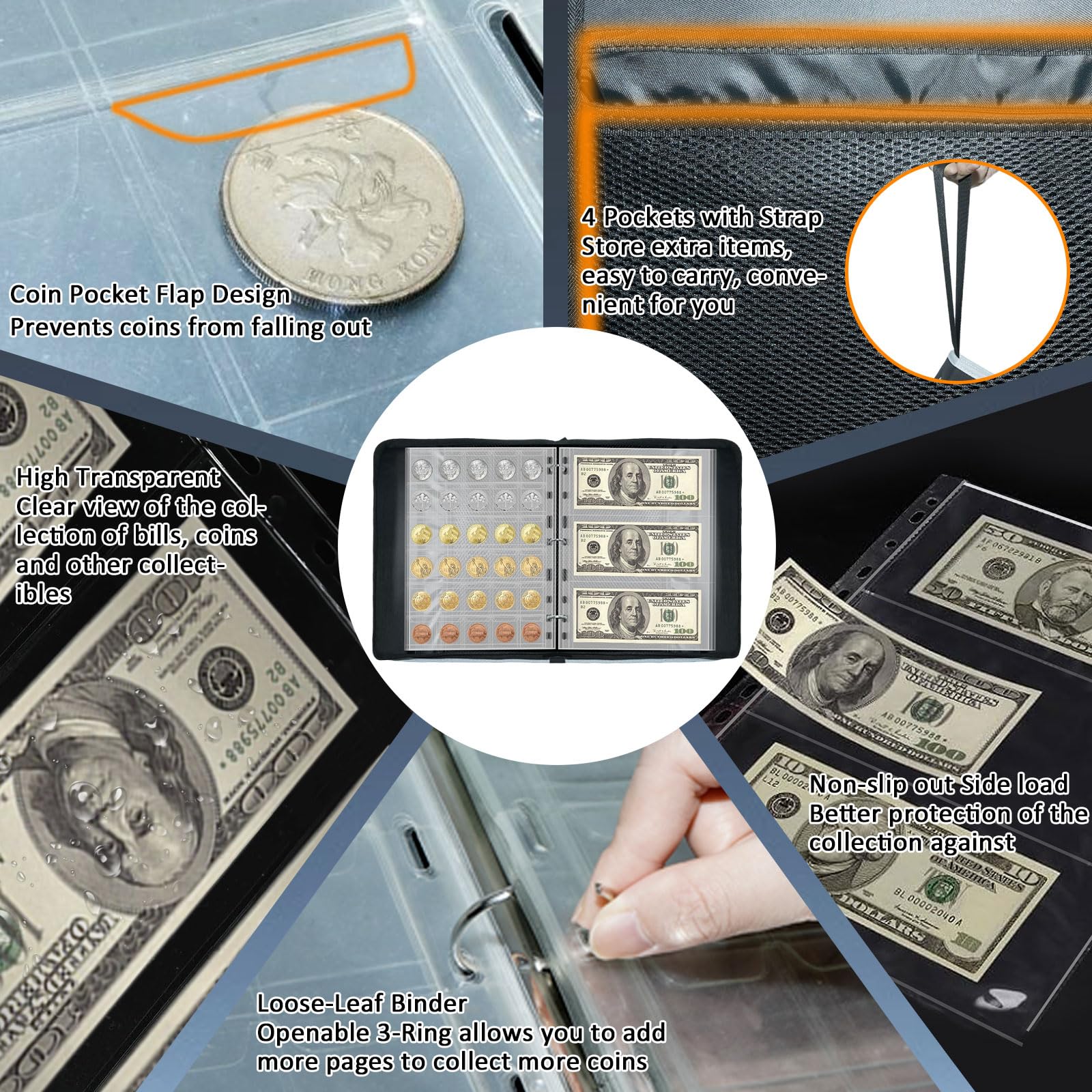 LIWSHWZ Soporte ignífugo para coleccionistas, álbum de colección de monedas de 300 bolsillos y 18 carpetas organizadoras de dinero de papel para suministros de colección de monedas, centavos, billetes