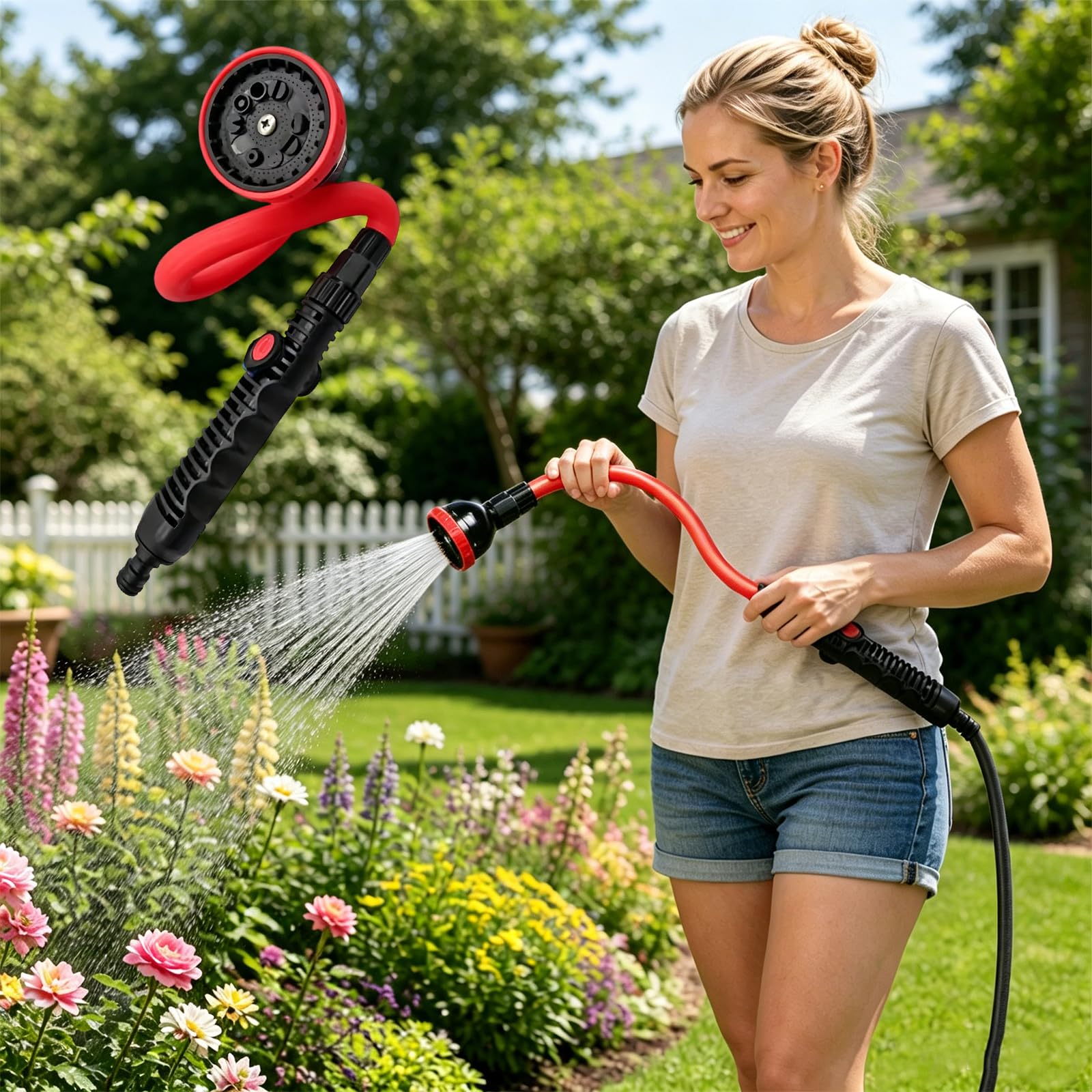 Garten Gießstab, Biegsam Gartenbrause 73cm Lang, Gartenschlauchstäbe mit 360° Schwenkkopf & 10 Sprühmustern, Gartenspritze für Hängende Körbe, Sträucher, Pflanzen, Blumen und Rasen