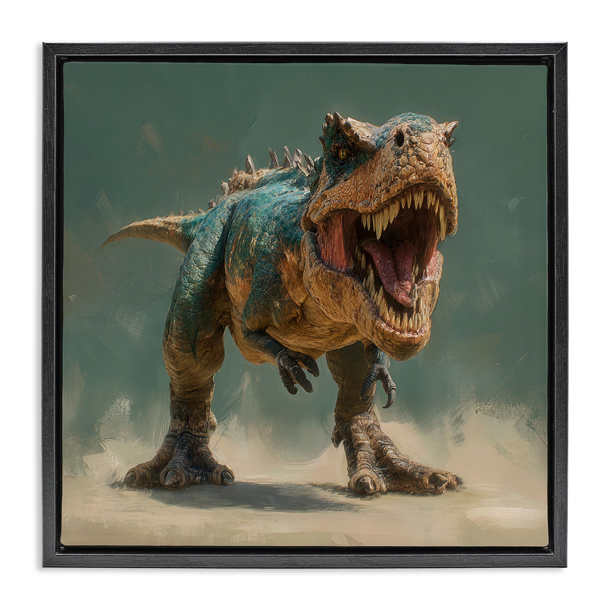 Stupell Industries Jet Black (Matte) 'Roaring T-Rex In Green'| Floating Frame Canvas Art