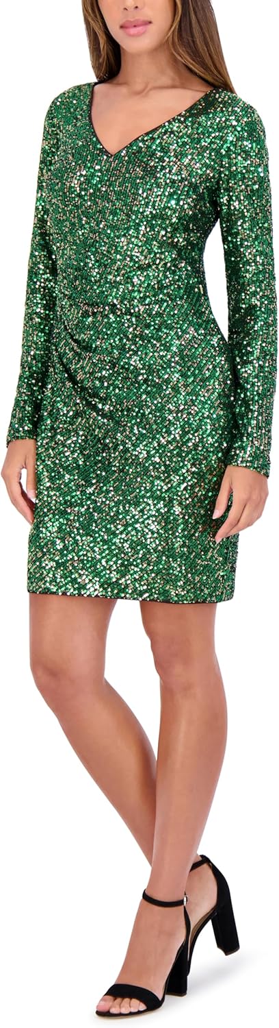 Siena Womens Long Sleeve V-Neck Striped Sequin Knit Mini Dress - Image 3